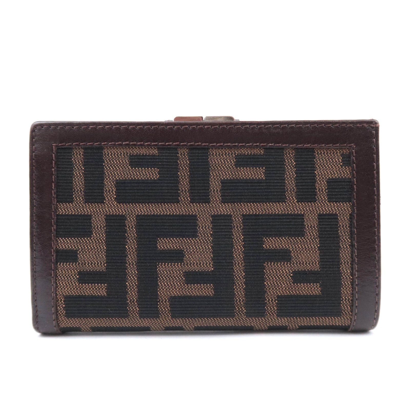 FENDI Zucca Canvas Leather Kiss Lock Wallet Brown Black 01692