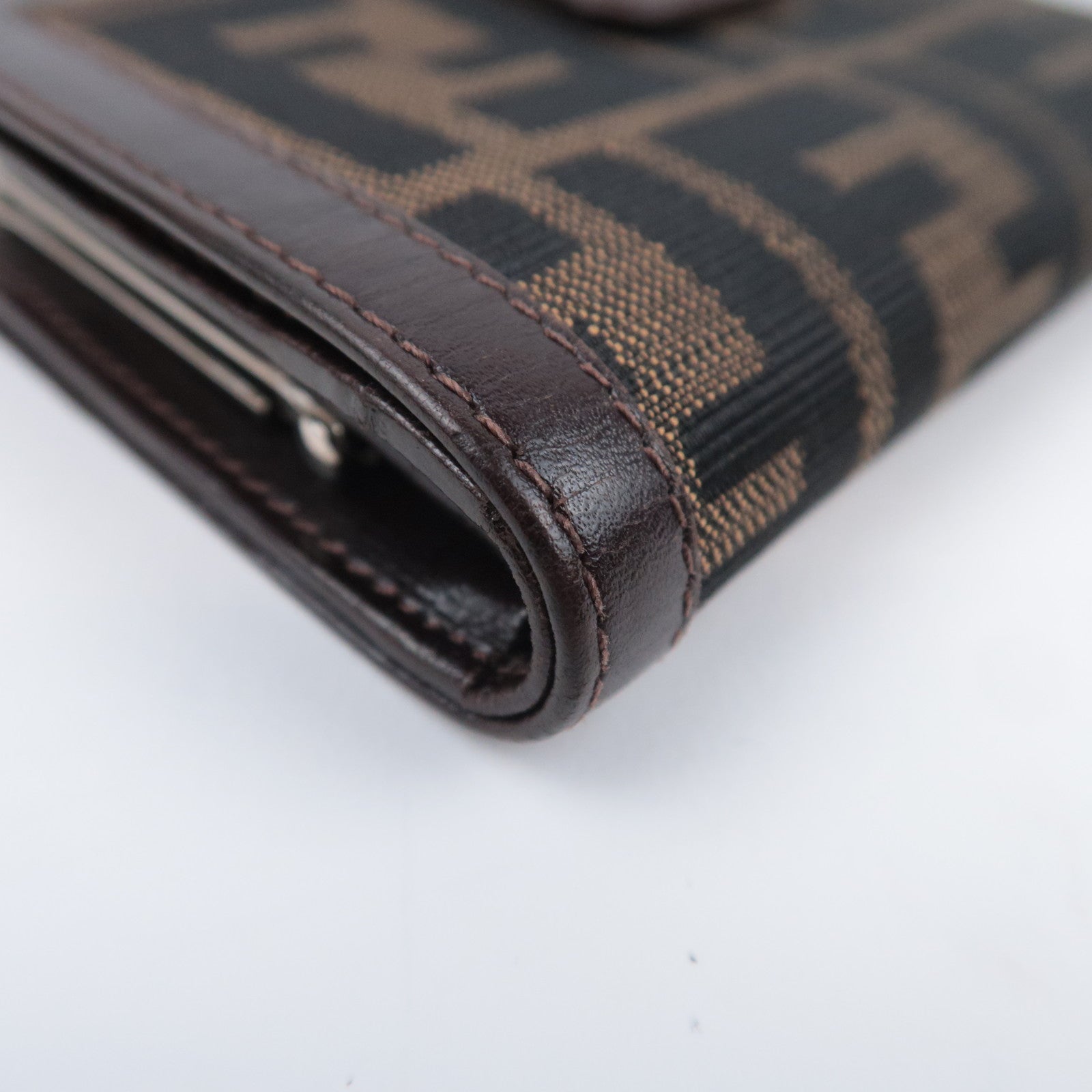 FENDI Zucca Canvas Leather Kiss Lock Wallet Brown Black 01692
