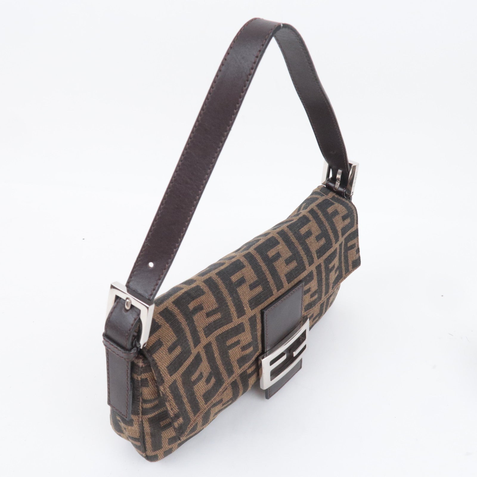 FENDI Zucca Mamma Baguette Canvas Leather Shoulder Bag Brown Black 26424