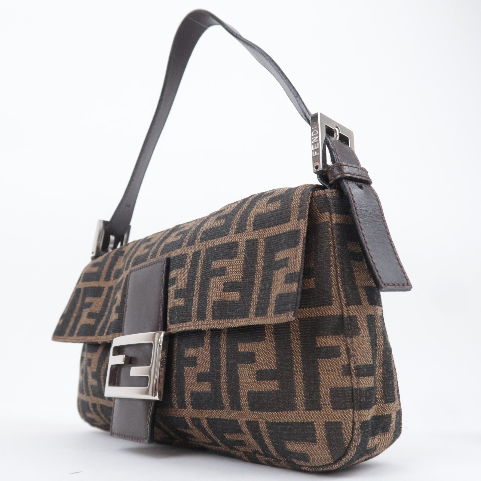 FENDI Zucca Mamma Baguette Canvas Leather Shoulder Bag Brown Black 26424