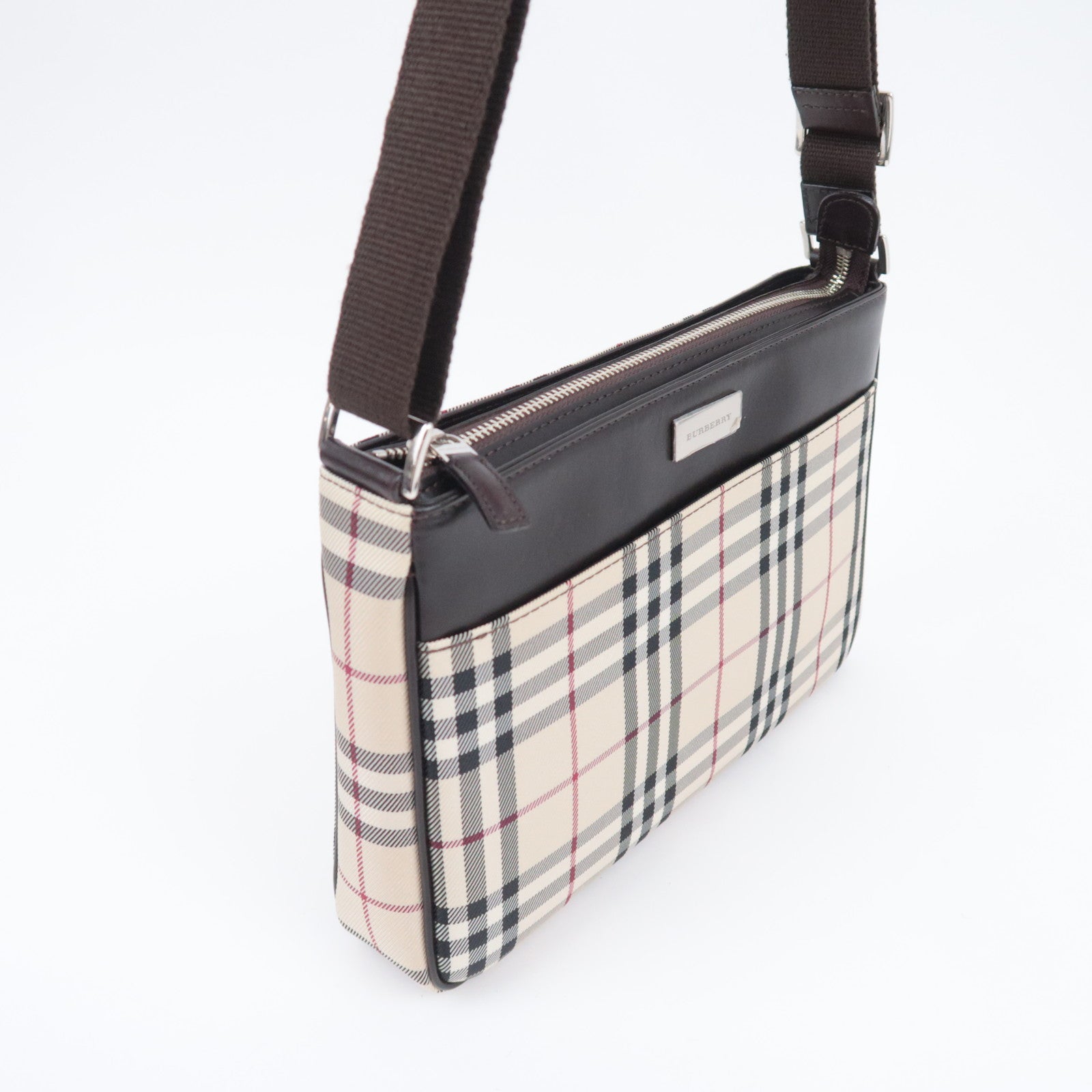 BURBERRY Nova Plaid Canvas Leather Shoulder Bag Beige