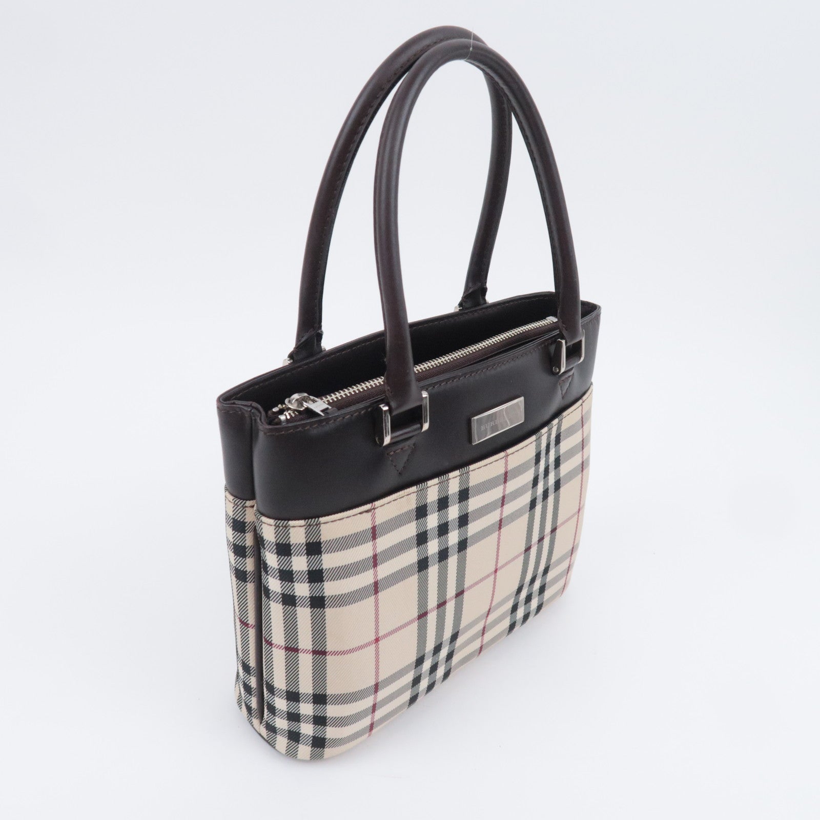 BURBERRY Nova Plaid Canvas Leather Handbag Beige