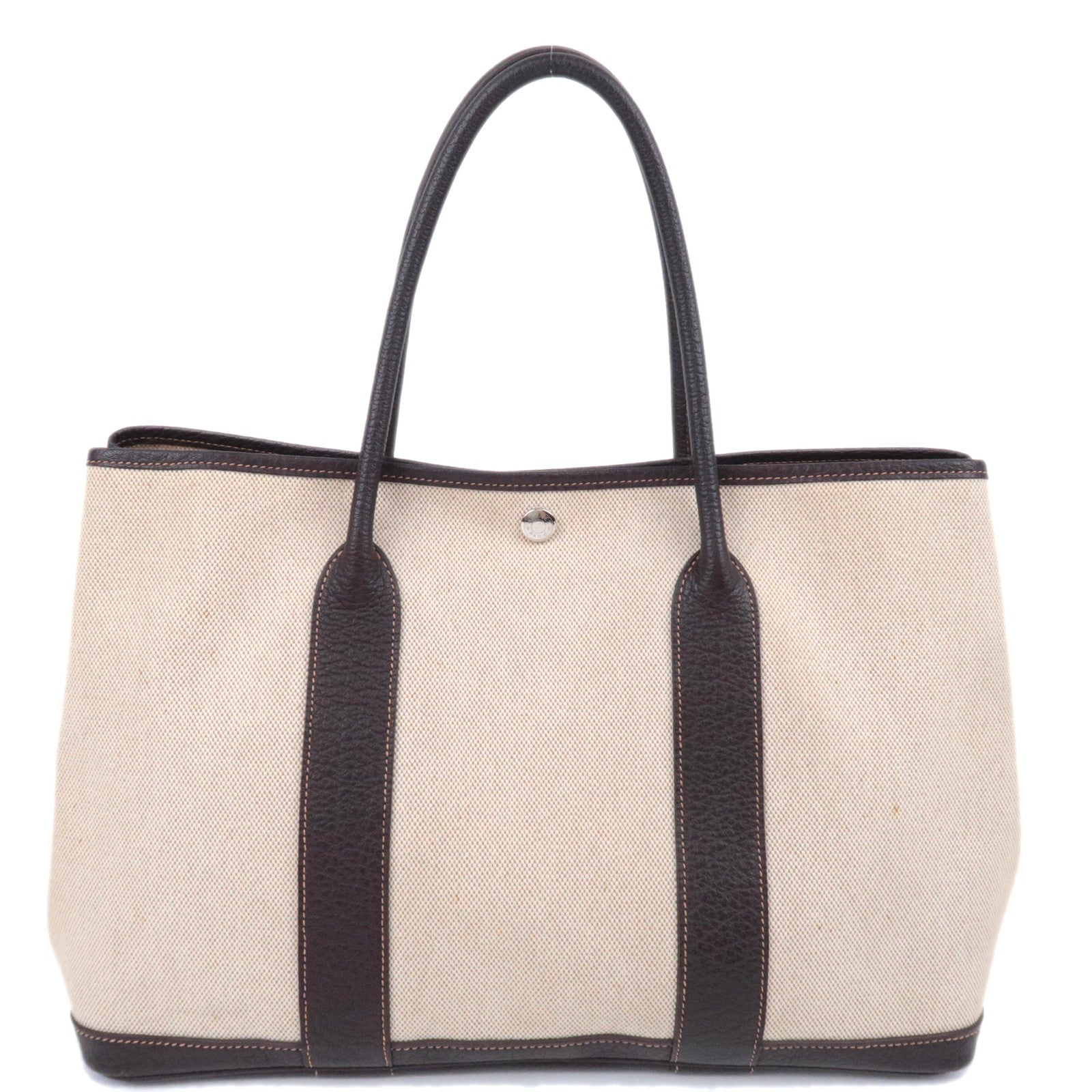 HERMES Garden Party PM Tote Bag □K Stamp (2007) Toile H Leather Beige Brown91219