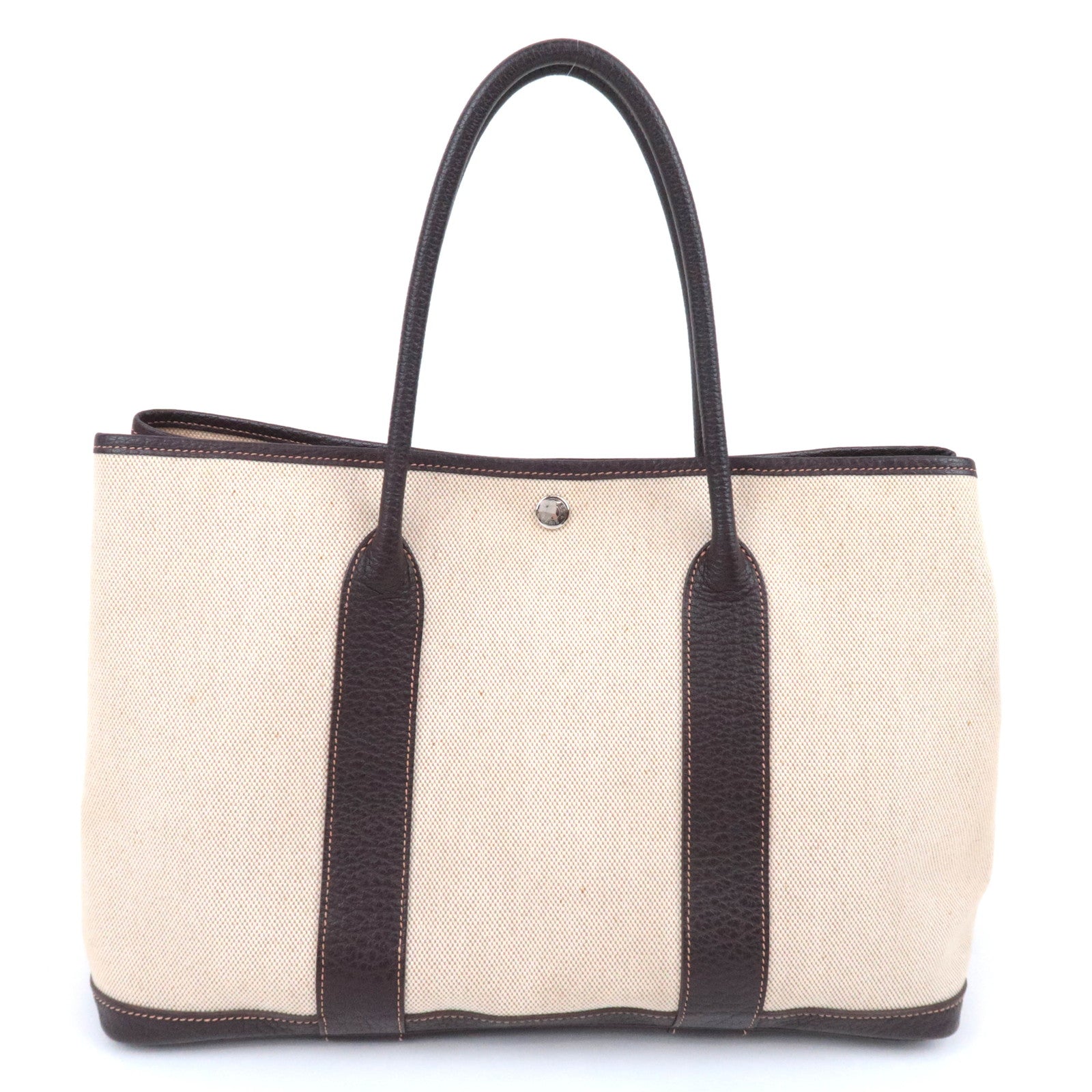 HERMES Garden Party PM Tote Bag □K Stamp (2007) Toile H Leather Beige Brown
