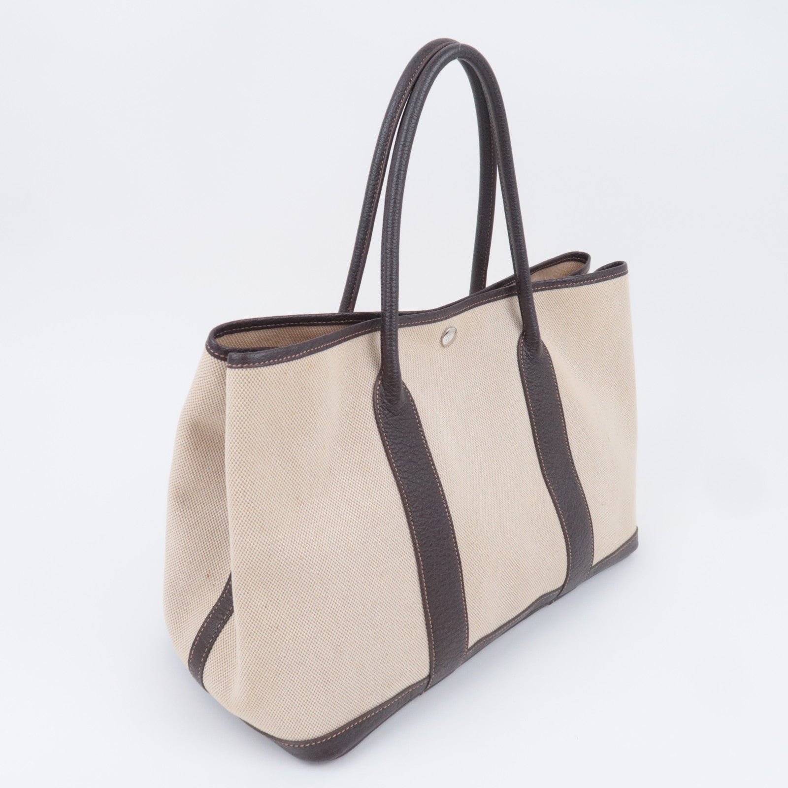 HERMES Garden Party PM Tote Bag □K Stamp (2007) Toile H Leather Beige Brown
