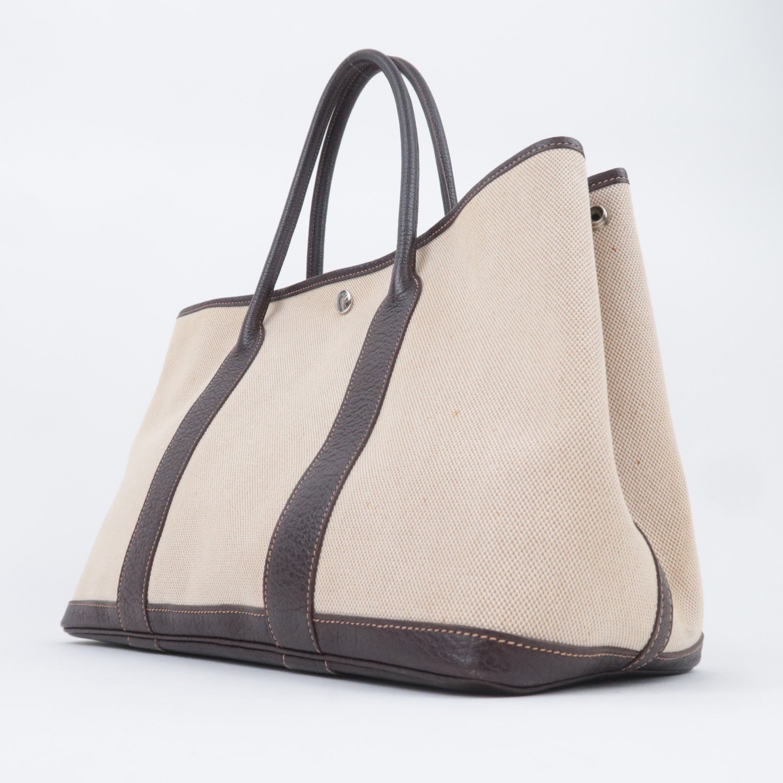 HERMES Garden Party PM Tote Bag □K Stamp (2007) Toile H Leather Beige Brown