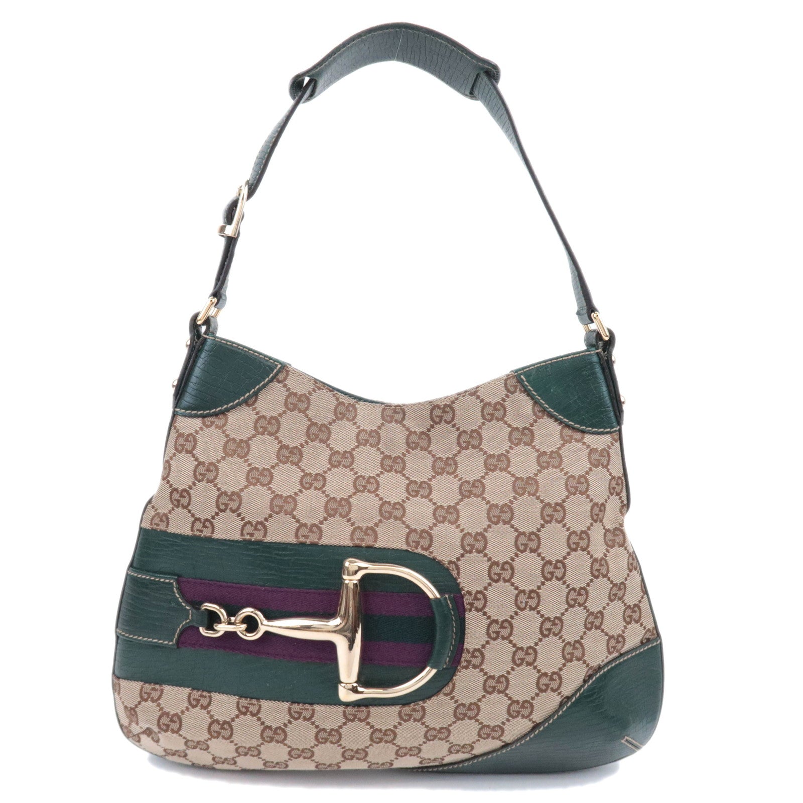 GUCCI Horsebit GG Canvas Shoulder Bag Beige Green 13738891235