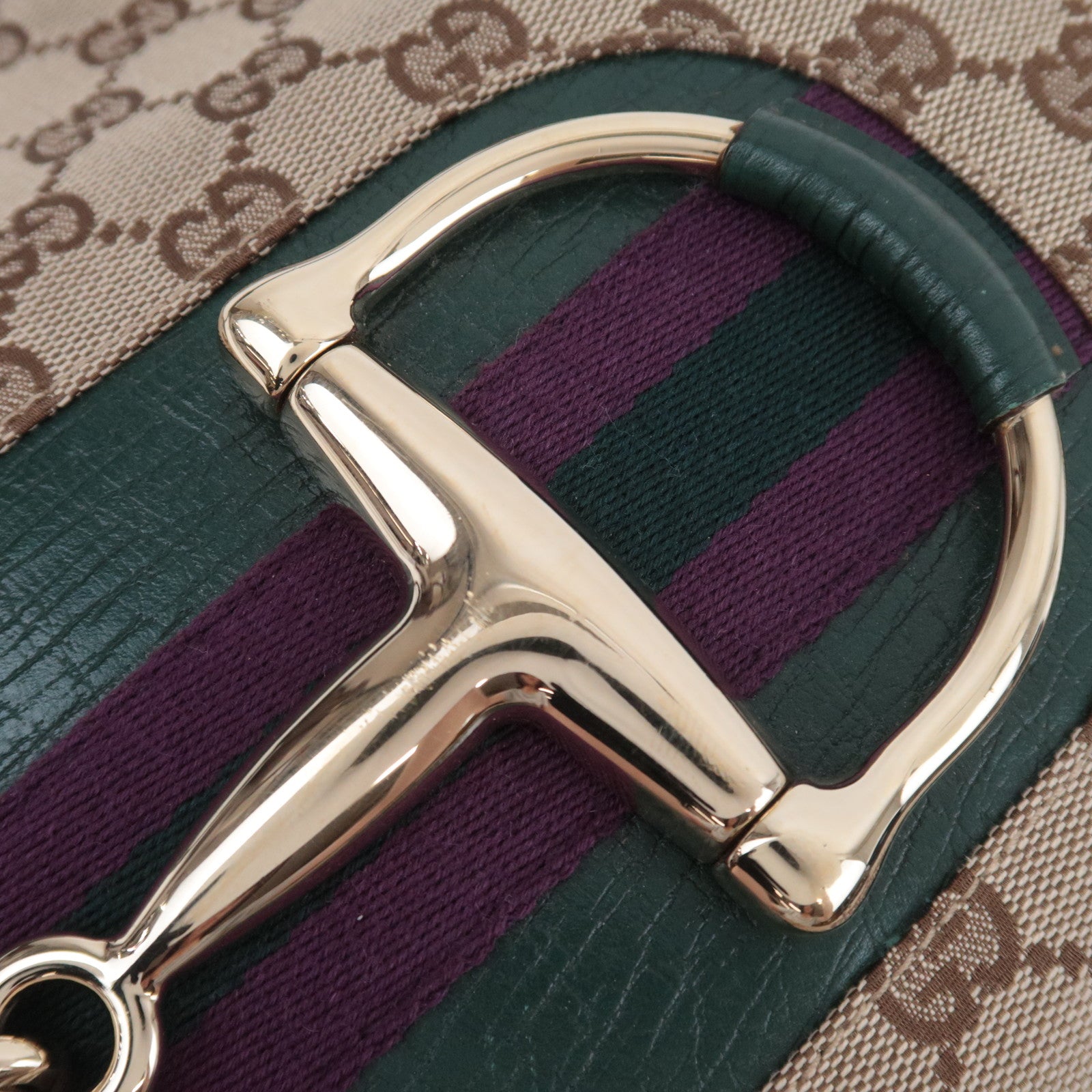 GUCCI Horsebit GG Canvas Shoulder Bag Beige Green 137388