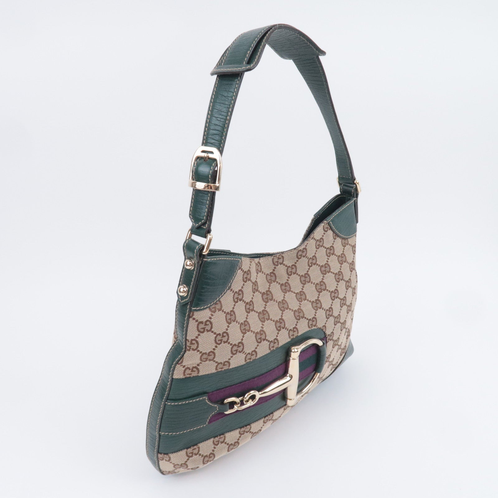 GUCCI Horsebit GG Canvas Shoulder Bag Beige Green 137388