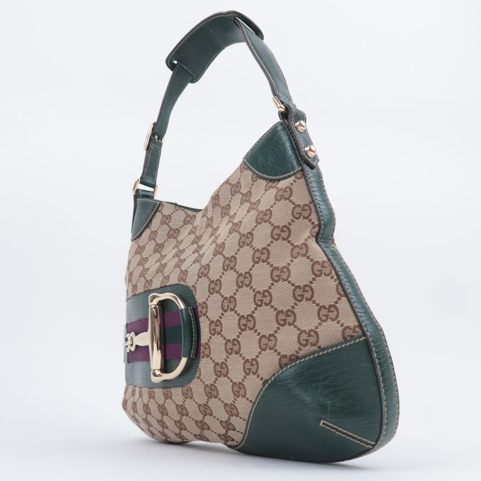 GUCCI Horsebit GG Canvas Shoulder Bag Beige Green 137388