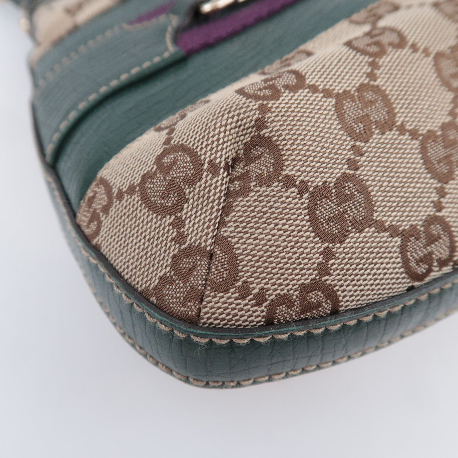 GUCCI Horsebit GG Canvas Shoulder Bag Beige Green 137388