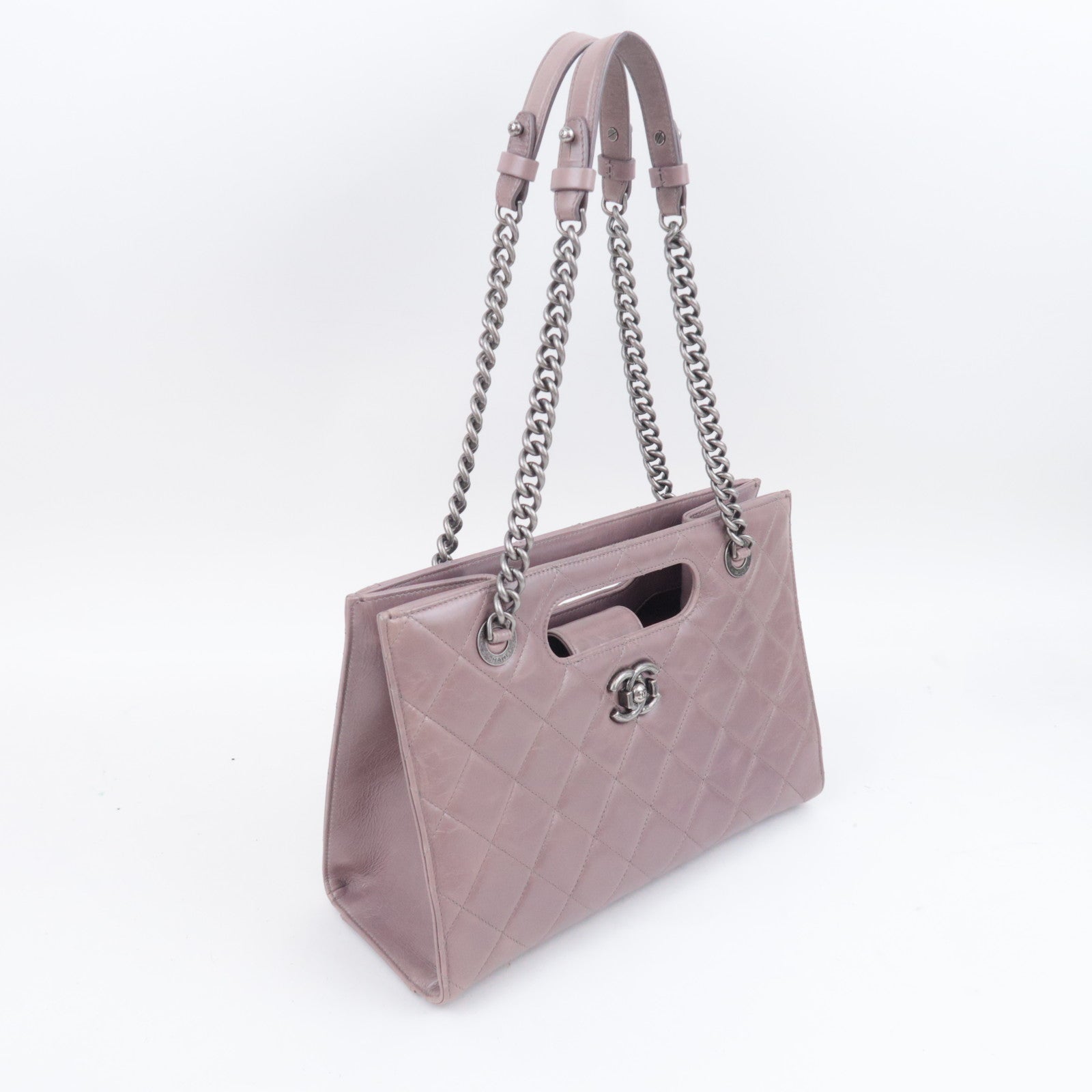 CHANEL Matelasse Small Boy Shopper 2Way Chain Shoulder Bag Aged Calfskin Greige