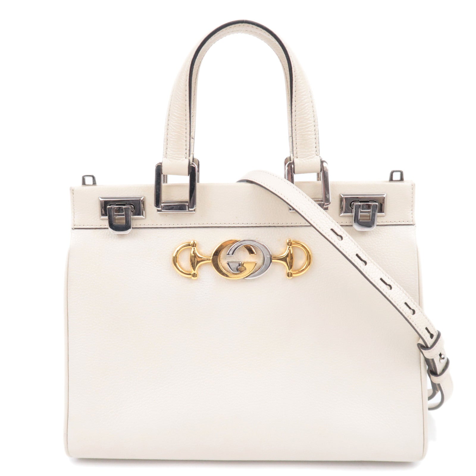 GUCCI Zumi Small 2Way Leather Top Handle Handbag Ivory 56971291305
