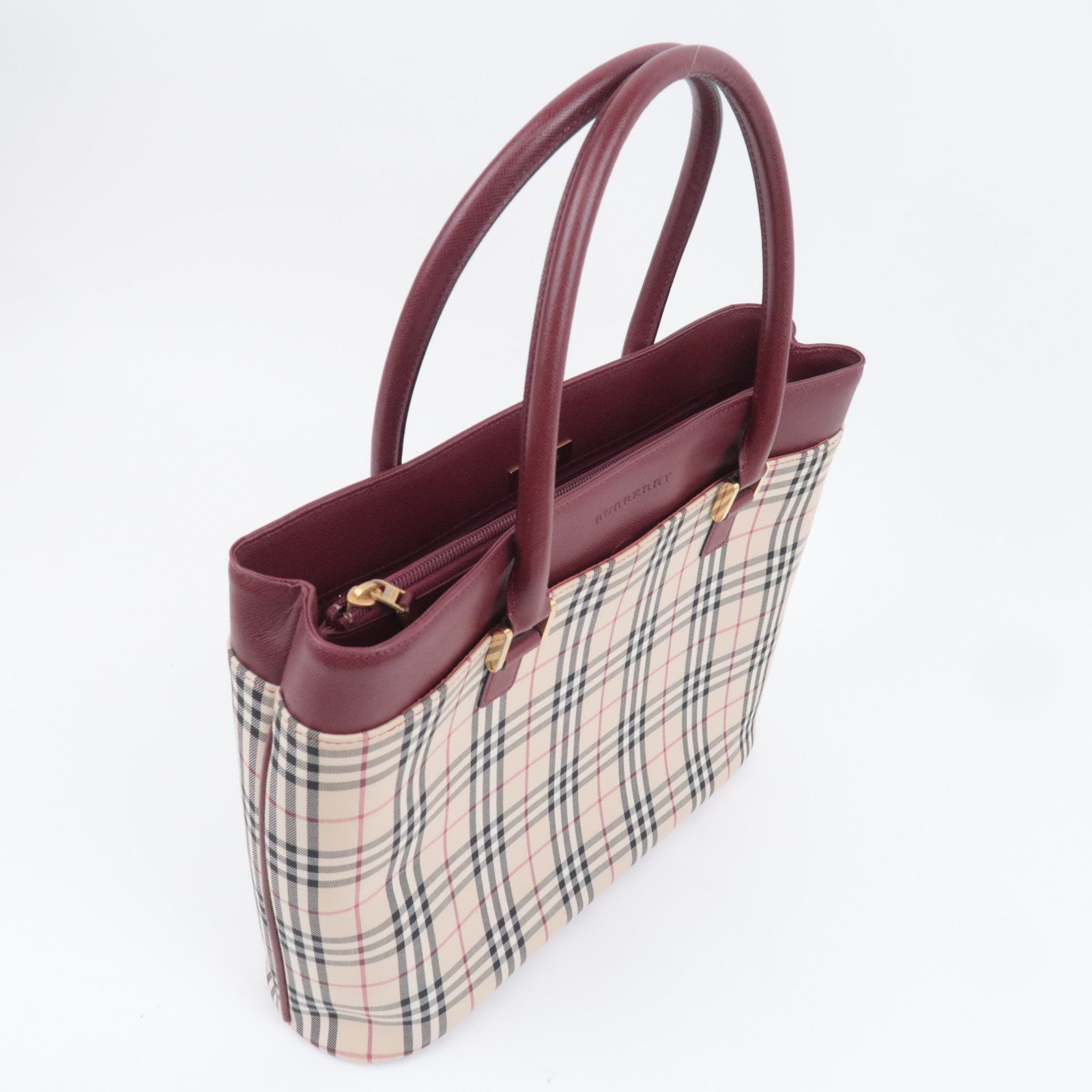 BURBERRY Nova Plaid Canvas Leather Tote Bag Beige