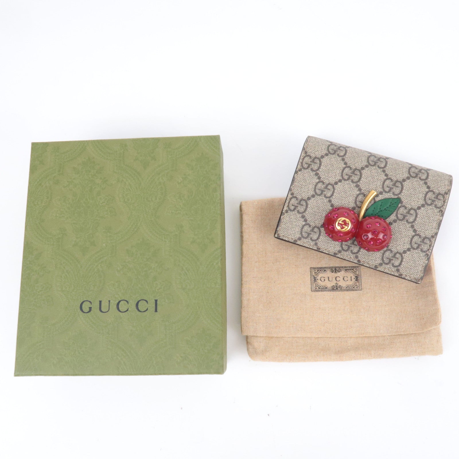 GUCCI Cherry Bi-Fold Wallet GG Supreme Beige Red 476050