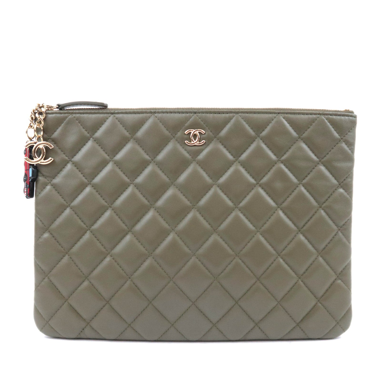 CHANEL Matelasse Clutch Bag Lambskin Khaki Gold Hardware A8255291423