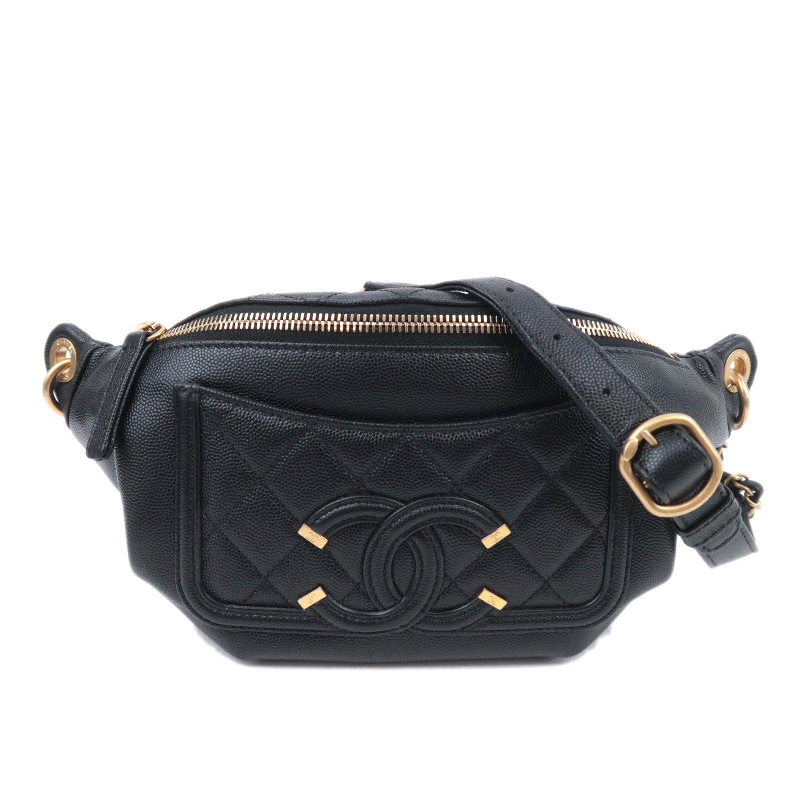 CHANEL CC Filigree Chain Waist Bag Caviar Skin Blac Gold HDW91461