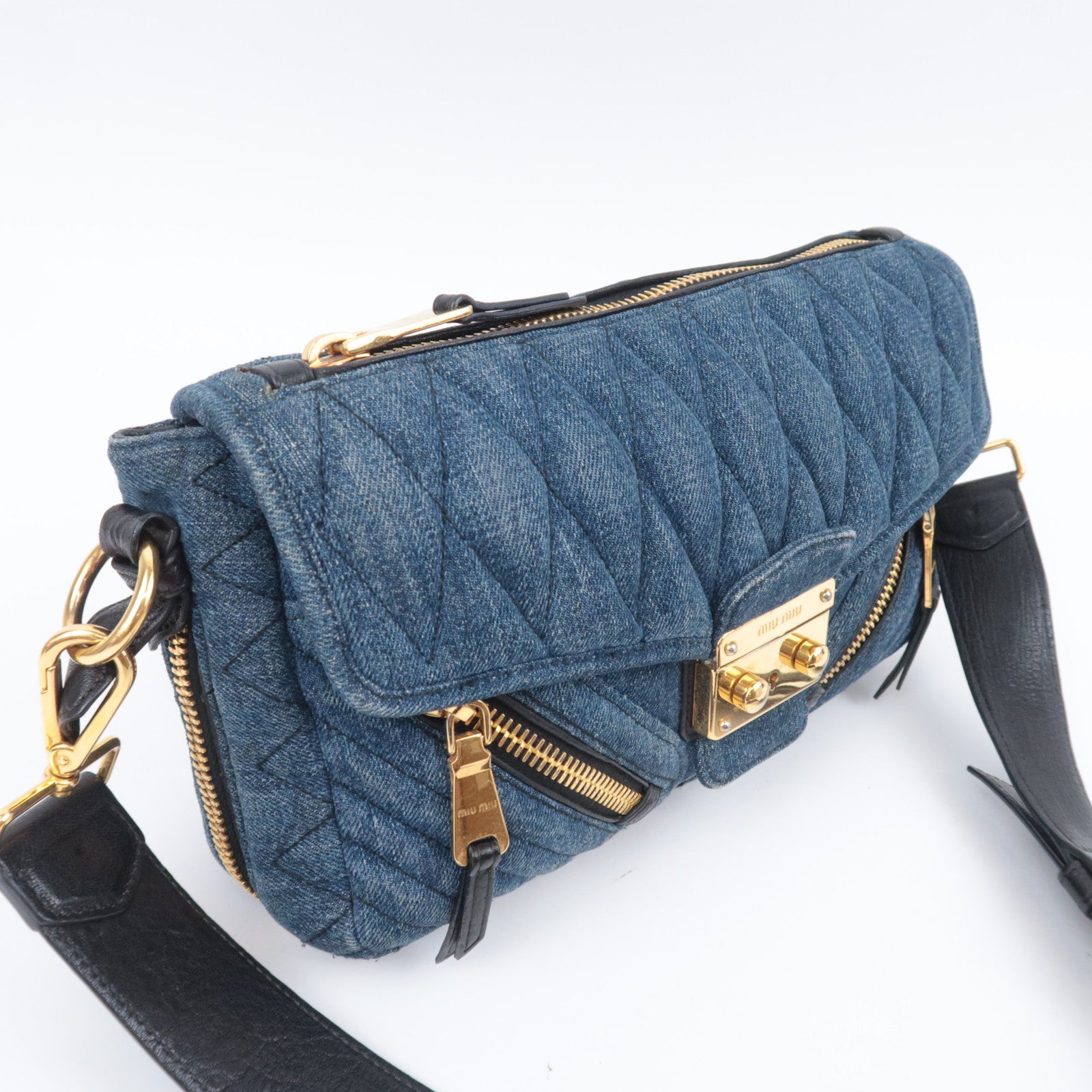 MIU MIU Biker Shoulder Bag Denim Leather Navy