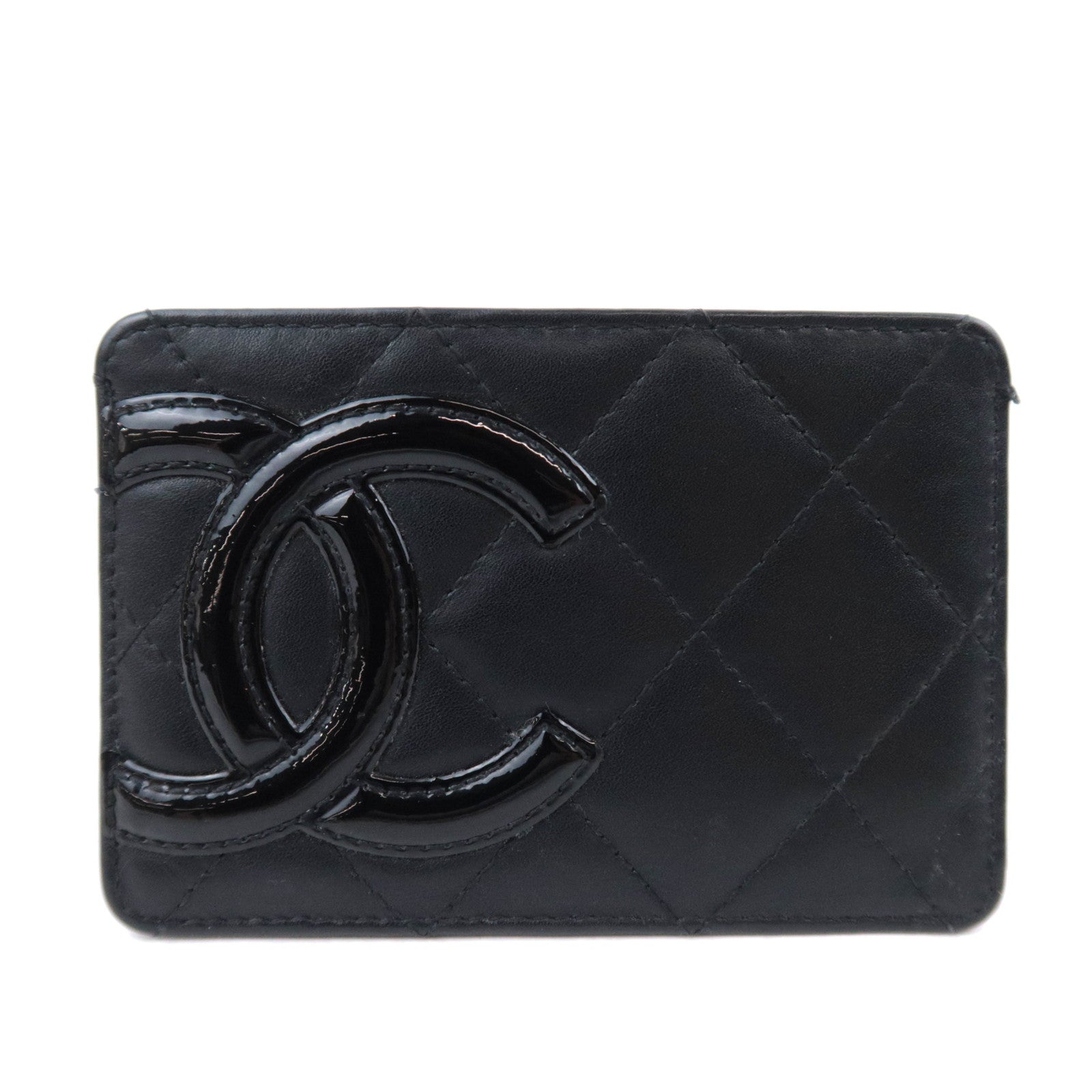 CHANEL Cambon Line Card Case Lambskin Patent Black91563