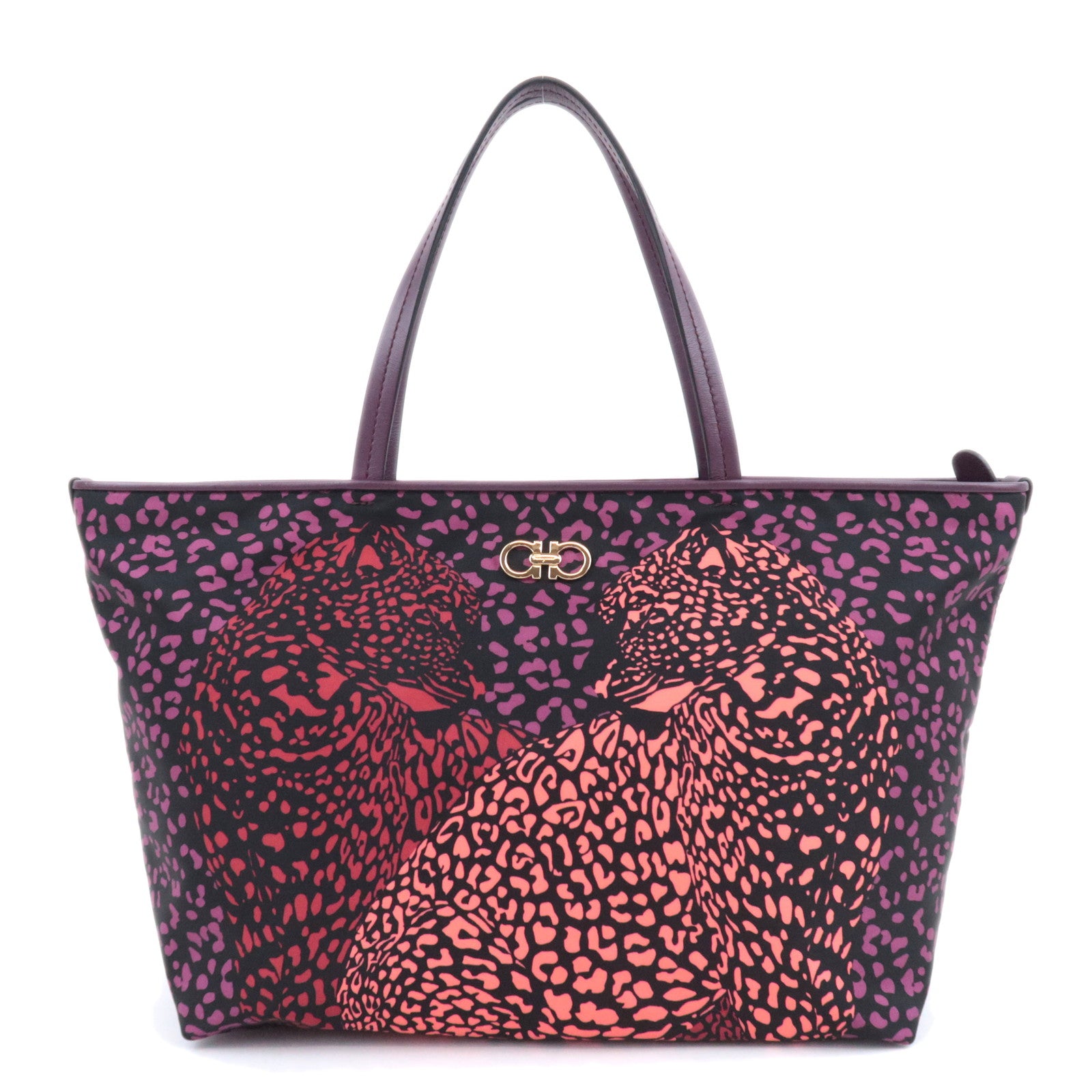 Salvatore Ferragamo Gancini Leopard Nylon Tote Bag Purple Black91592