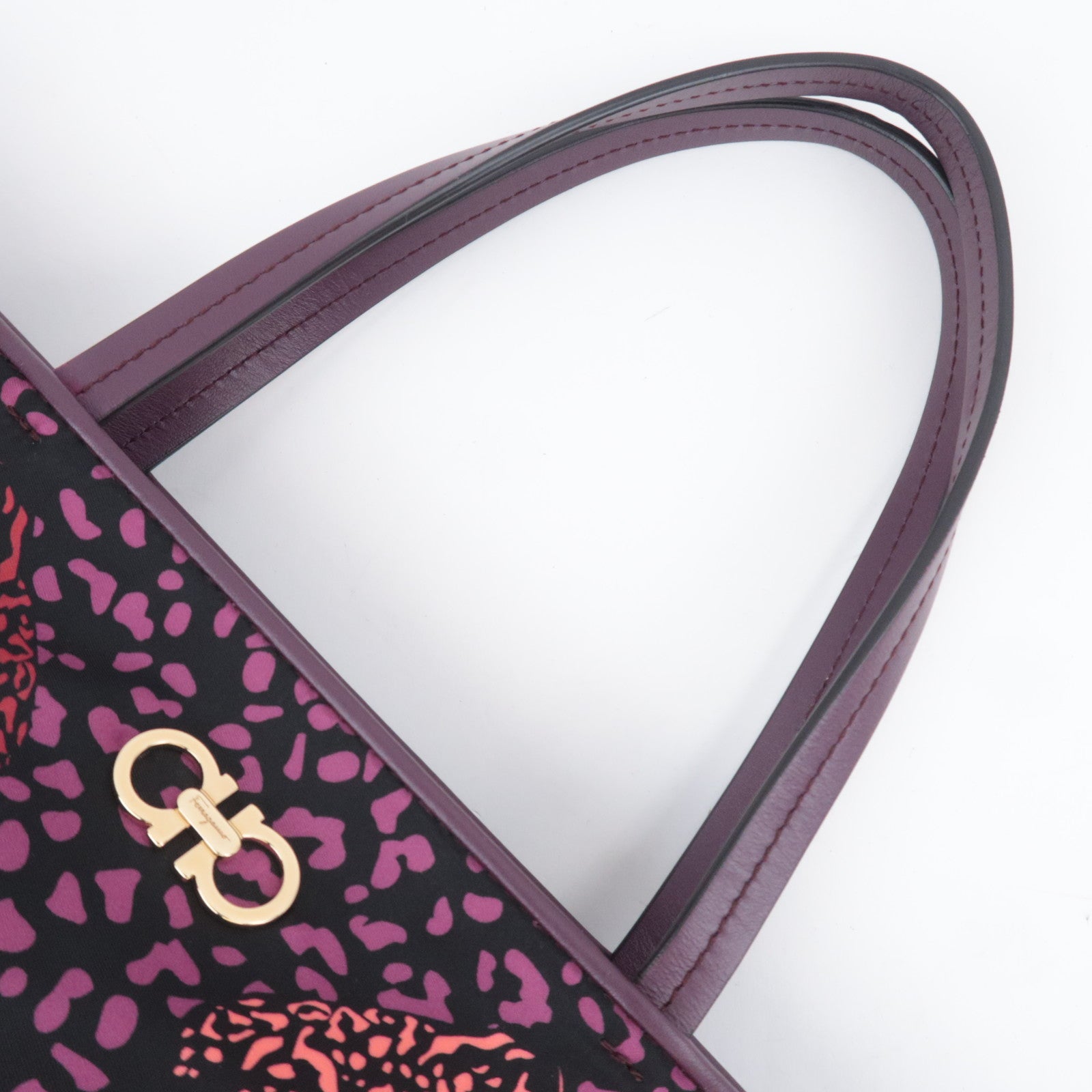 Salvatore Ferragamo Gancini Leopard Nylon Tote Bag Purple Black