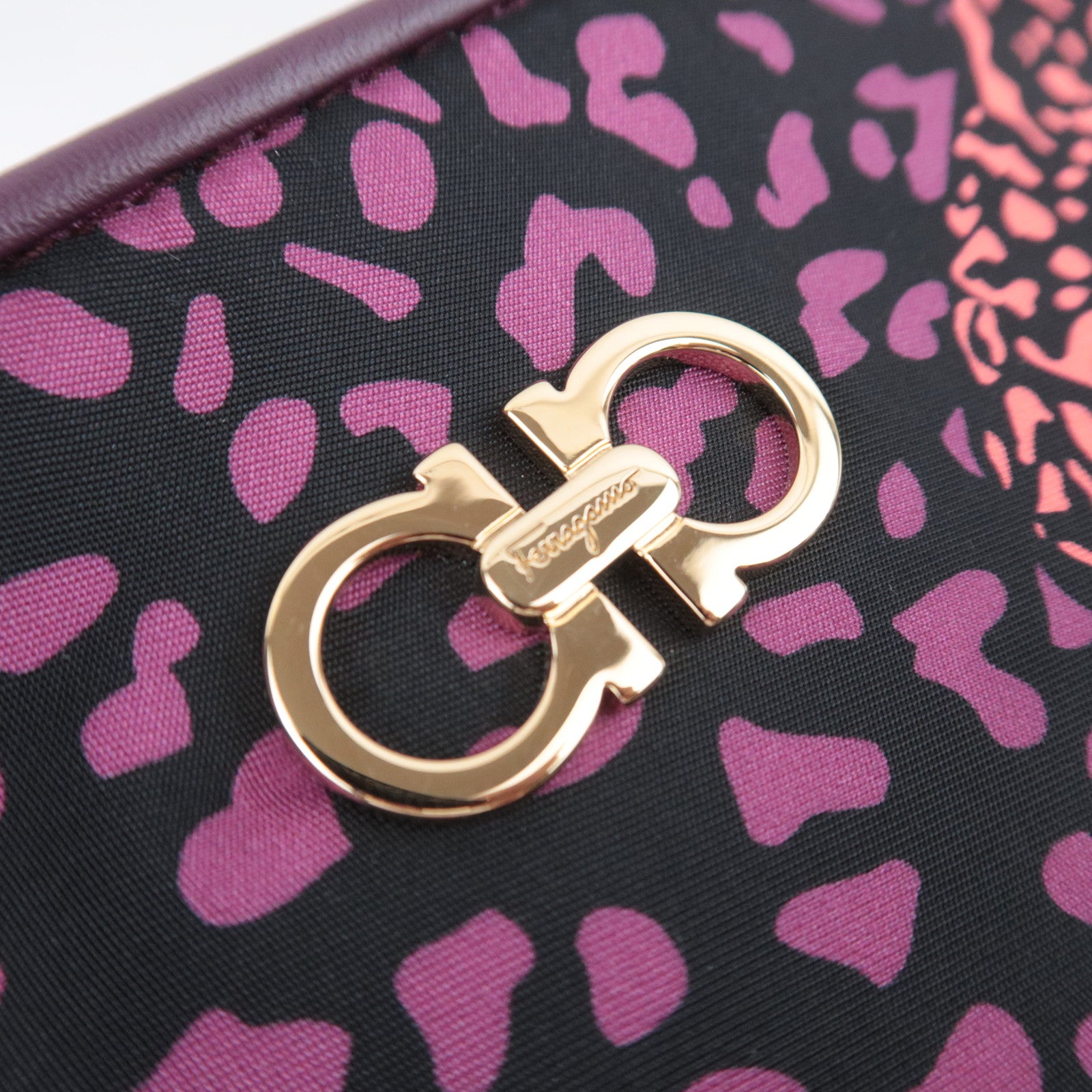 Salvatore Ferragamo Gancini Leopard Nylon Tote Bag Purple Black