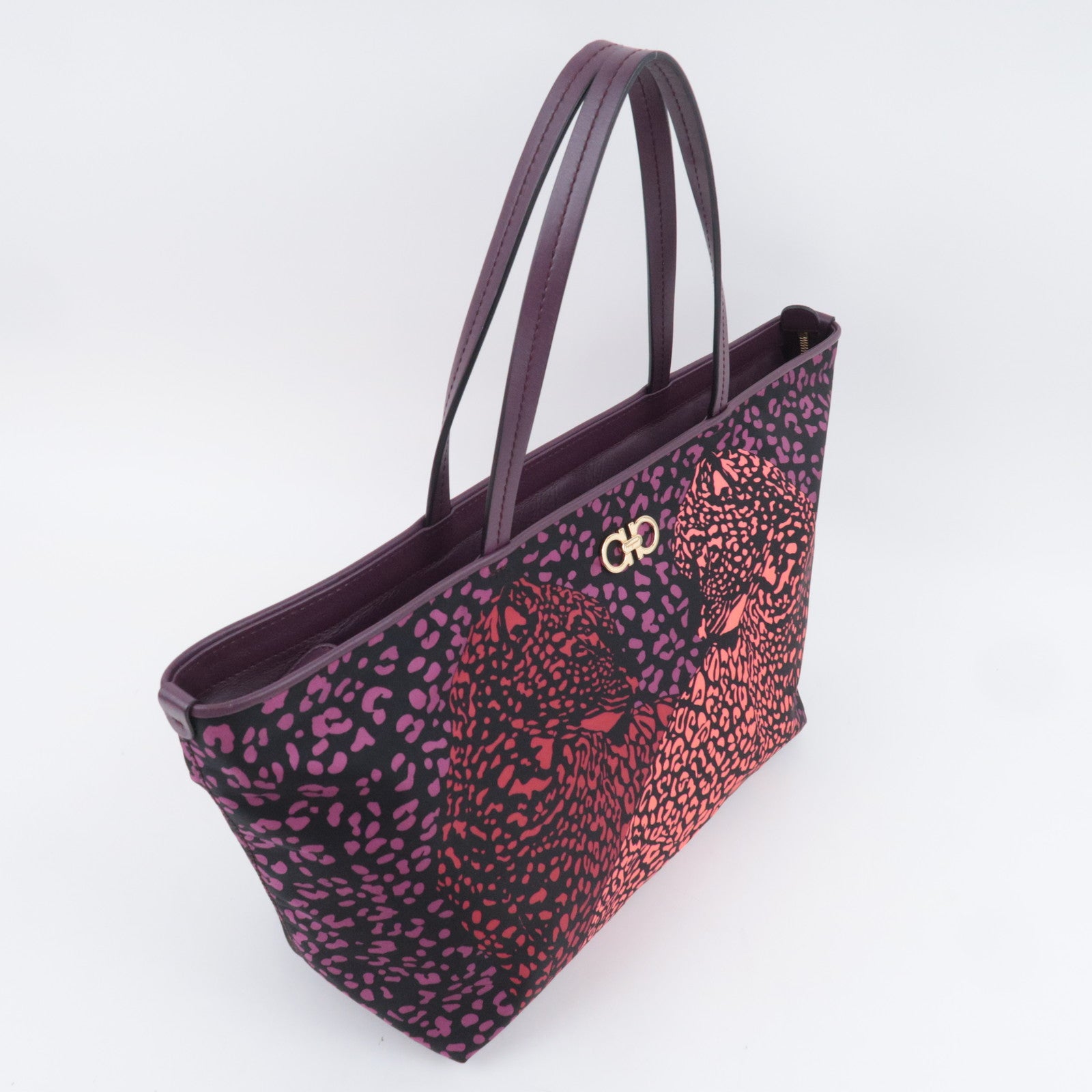 Salvatore Ferragamo Gancini Leopard Nylon Tote Bag Purple Black