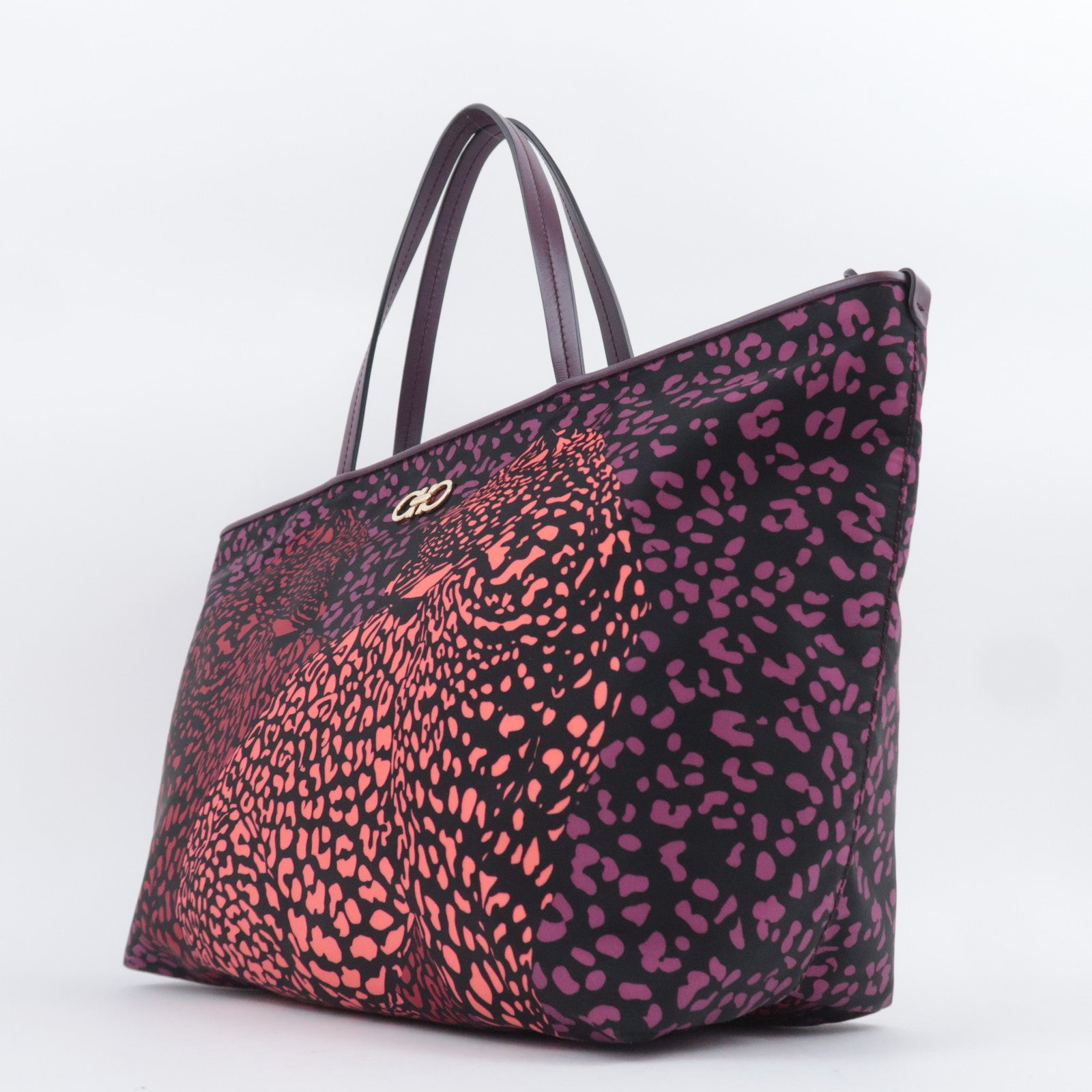 Salvatore Ferragamo Gancini Leopard Nylon Tote Bag Purple Black
