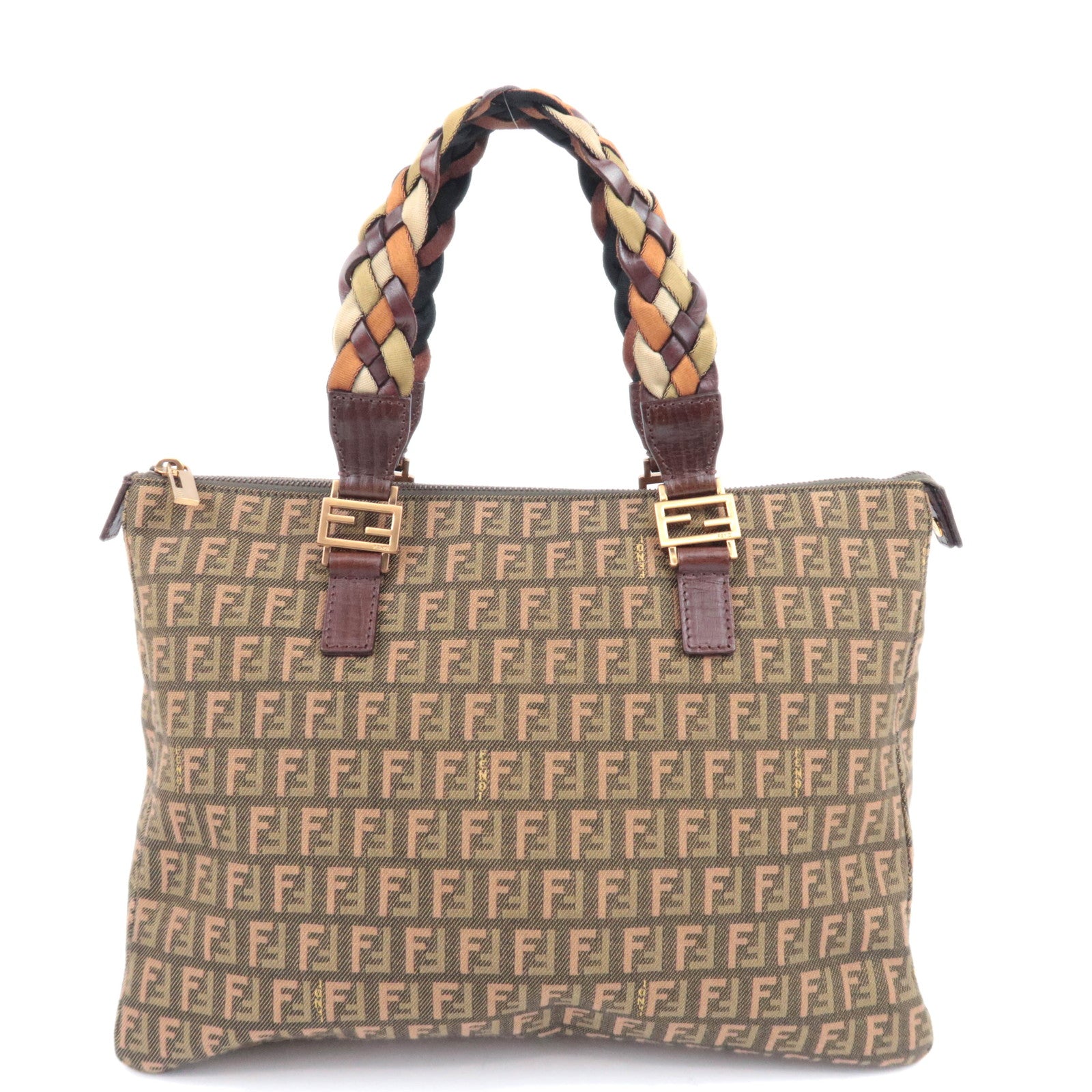 FENDI Zucchino Canvas Leather Handbag Khaki Brown 8BH13891613
