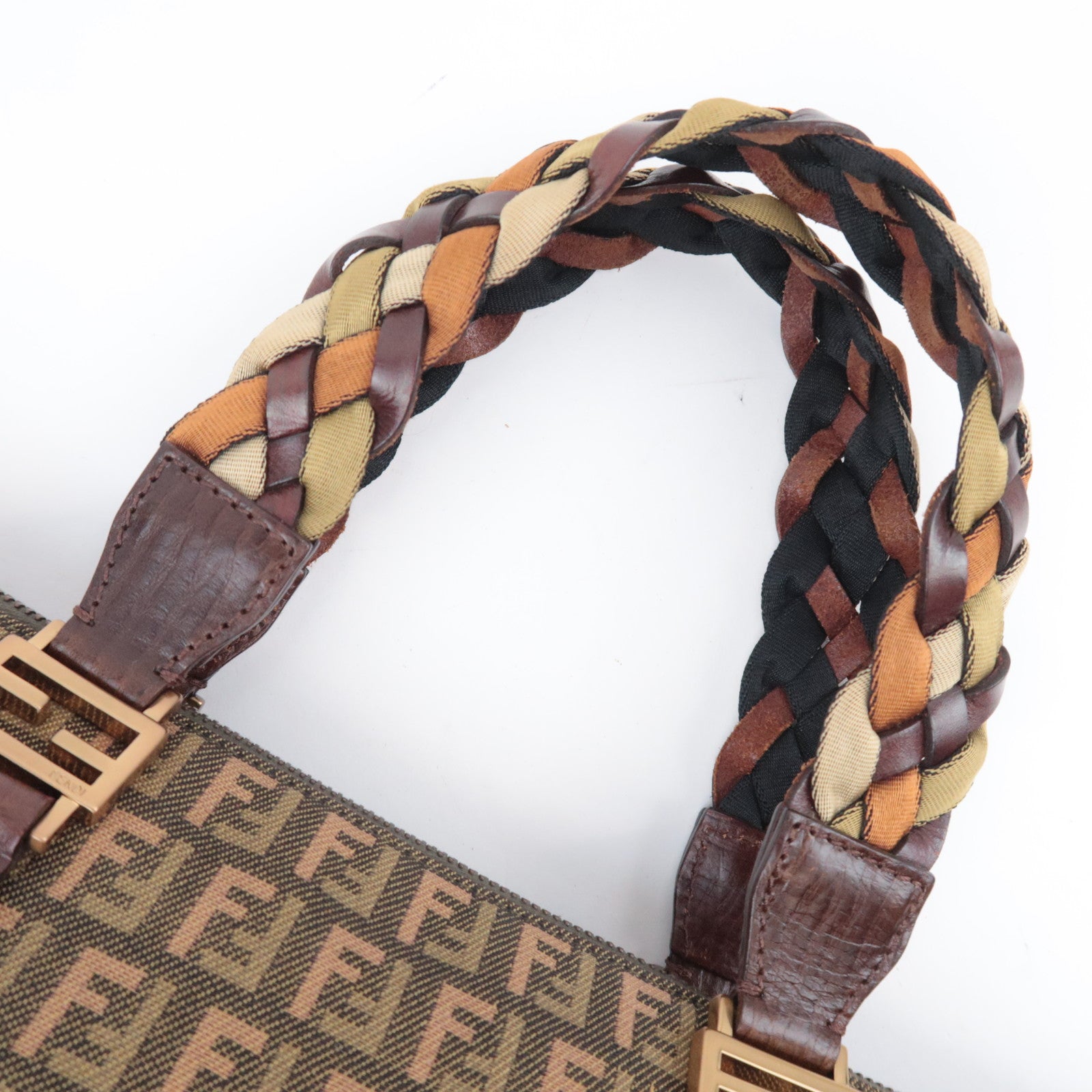 FENDI Zucchino Canvas Leather Handbag Khaki Brown 8BH138