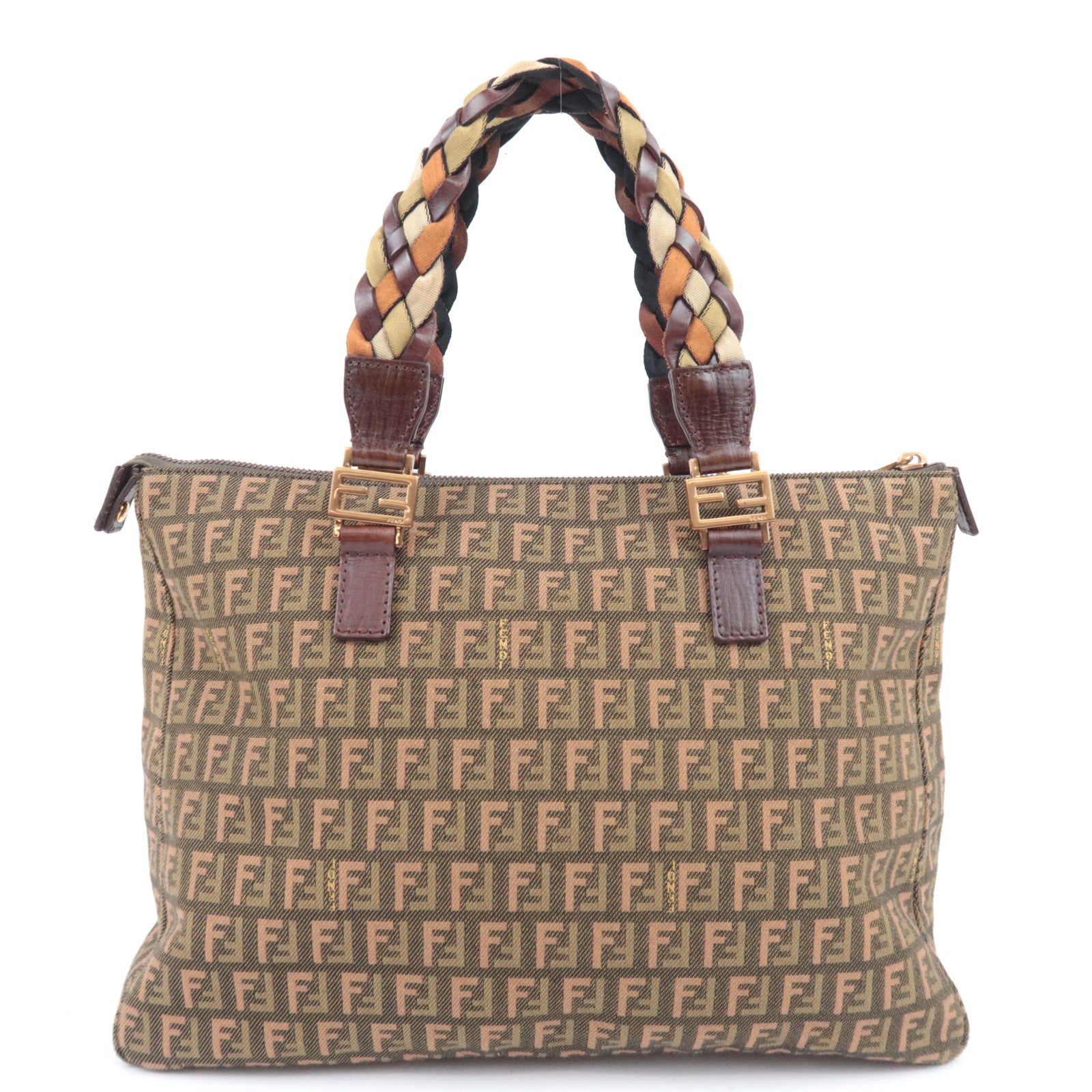 FENDI Zucchino Canvas Leather Handbag Khaki Brown 8BH138