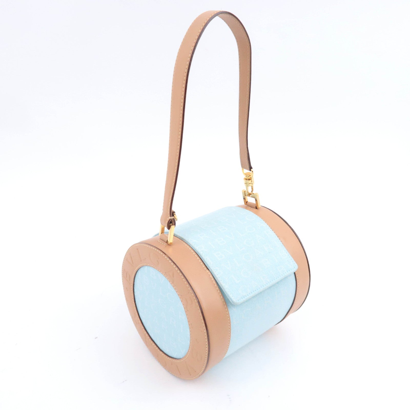 BVLGARI B-Zero1 Logo Mania Canvas Barrel Bag Light Blue