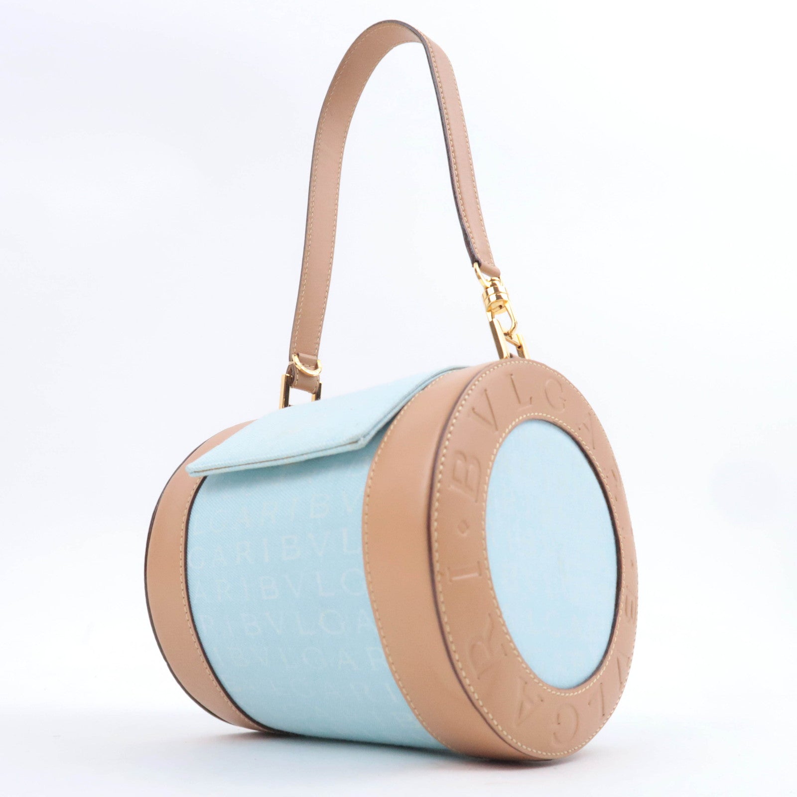 BVLGARI B-Zero1 Logo Mania Canvas Barrel Bag Light Blue