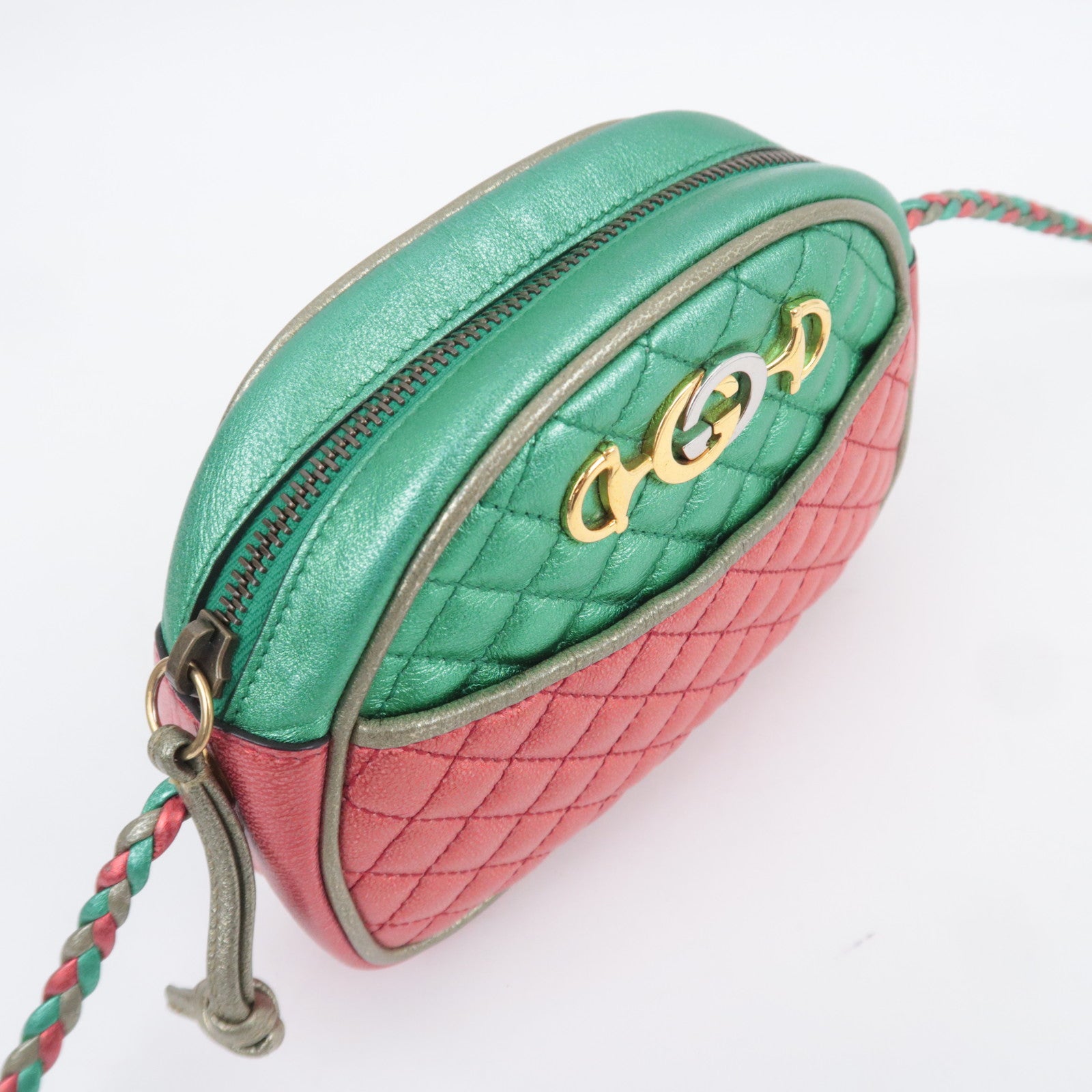 GUCCI Zumi Shoulder Bag Leather Metallic Green Red 534951