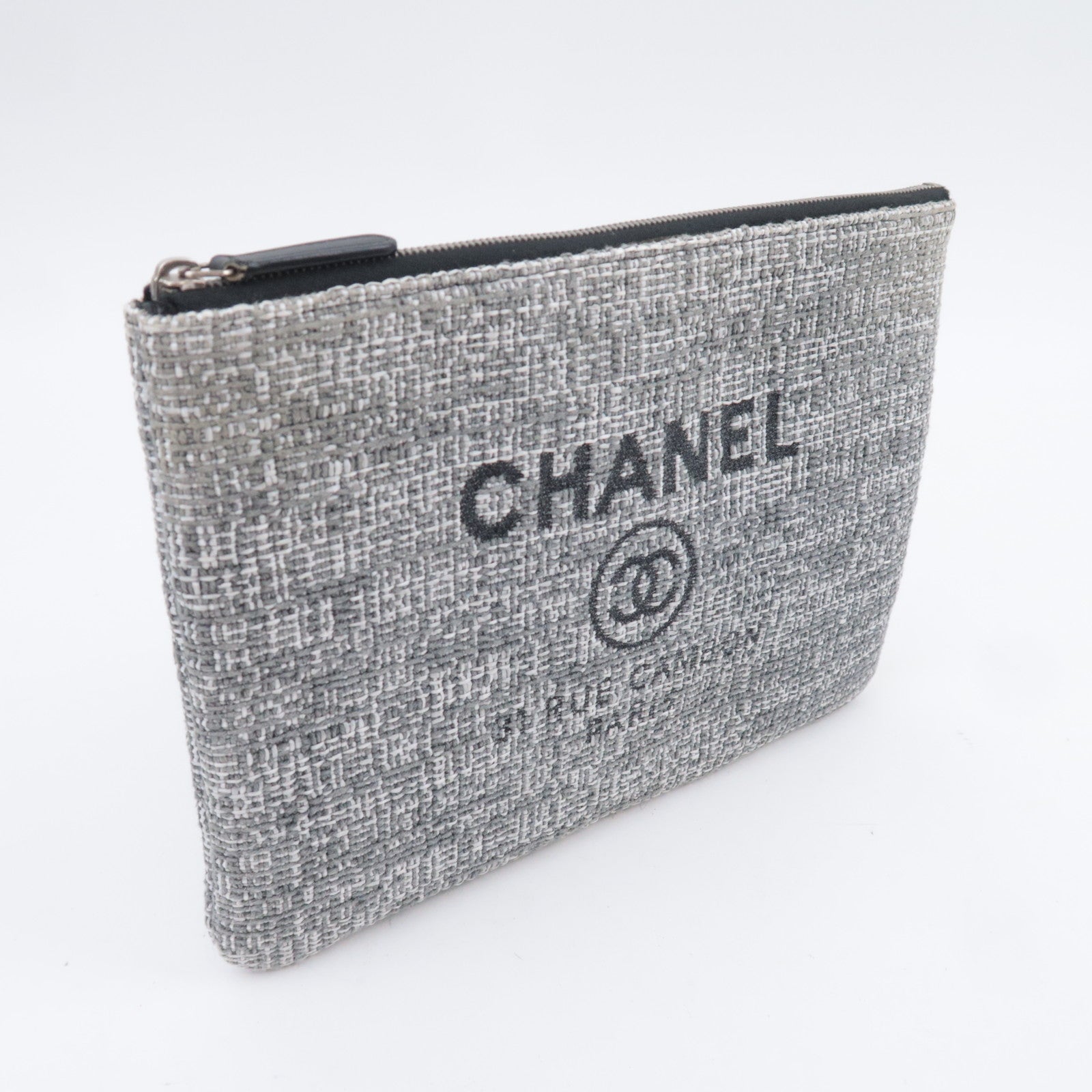 CHANEL Deauville Tweed Clutch Bag Gray