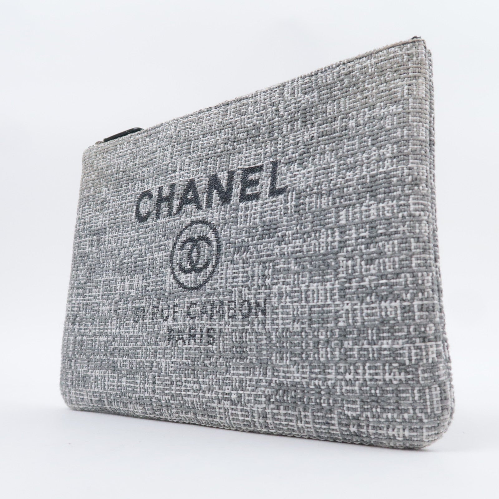 CHANEL Deauville Tweed Clutch Bag Gray