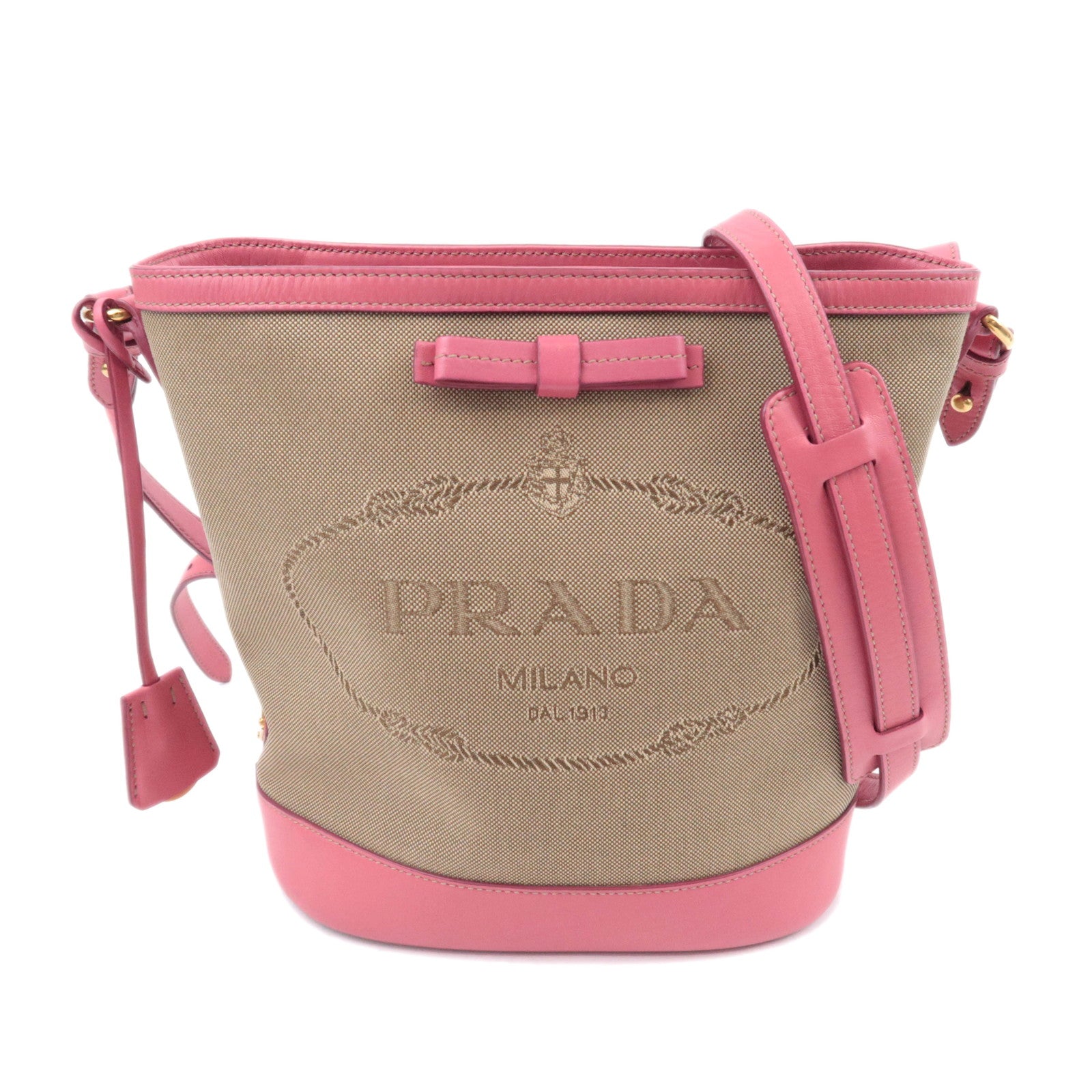 PRADA Logo Jacquard Shoulder Bag Beige Pink 1BE02191826