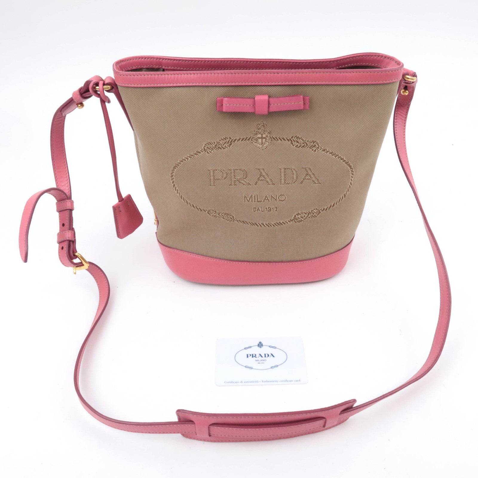 PRADA Logo Jacquard Shoulder Bag Beige Pink 1BE021