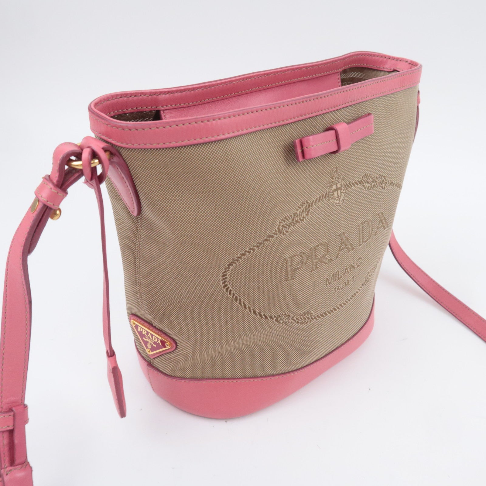 PRADA Logo Jacquard Shoulder Bag Beige Pink 1BE021