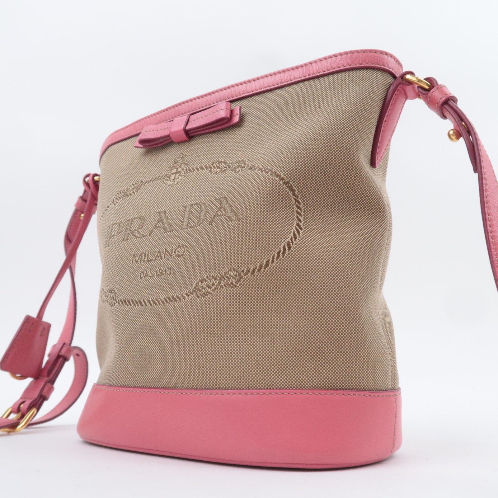 PRADA Logo Jacquard Shoulder Bag Beige Pink 1BE021