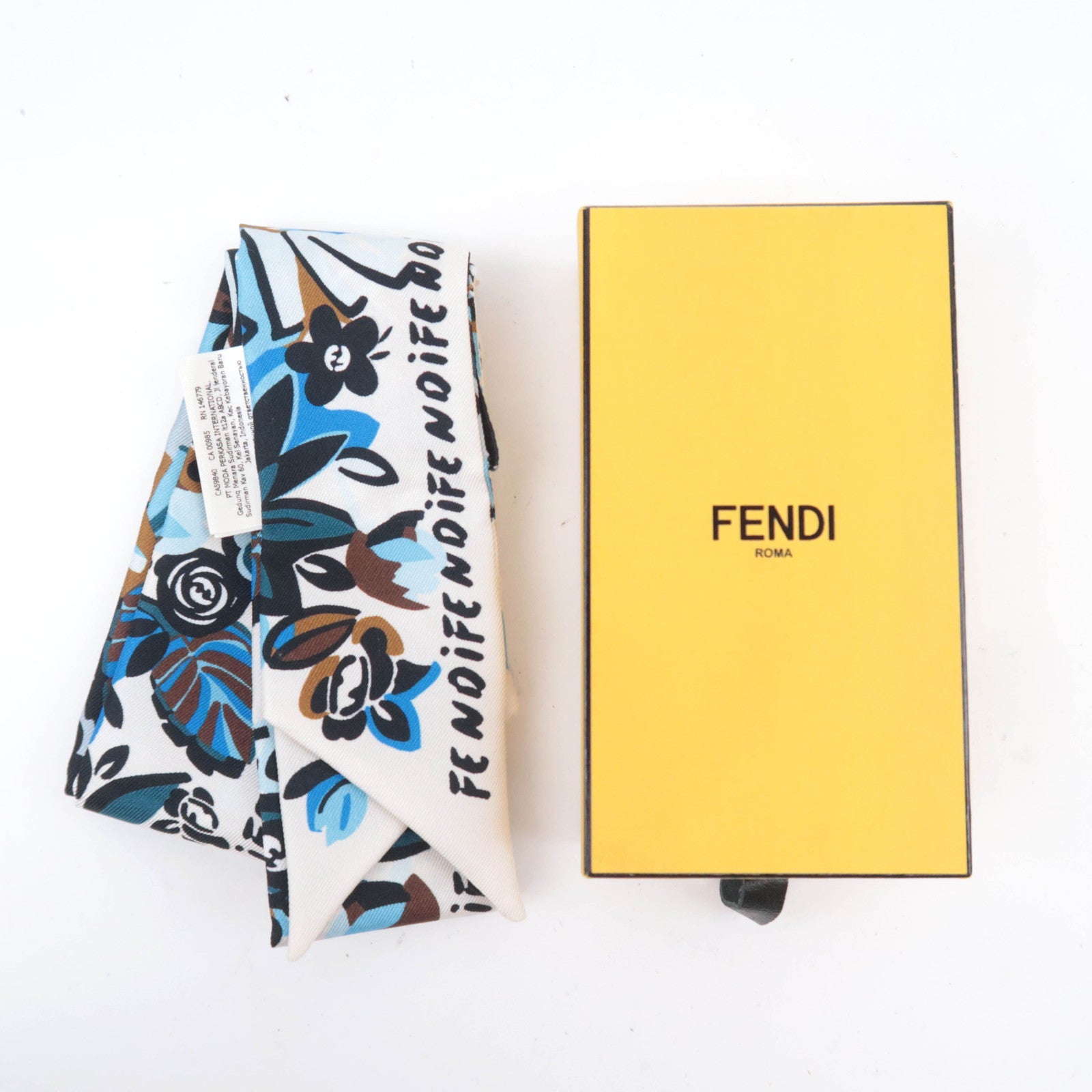 FENDI Wrappy Scarf Flower Print 100% Silk Blue