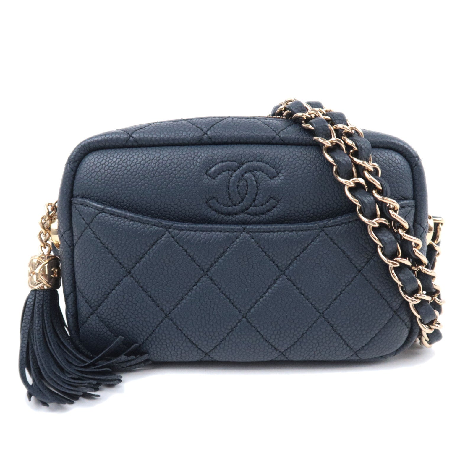 CHANEL Matelasse Tassel Camera Bag Chain Shoulder Bag Caviar Skin Navy91950