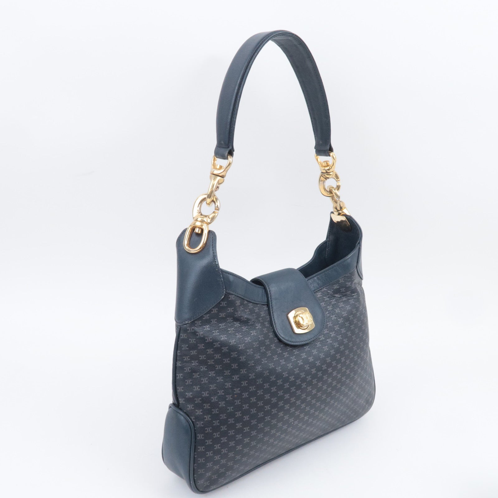CELINE Macadam Turnlock Leather Shoulder Bag Navy