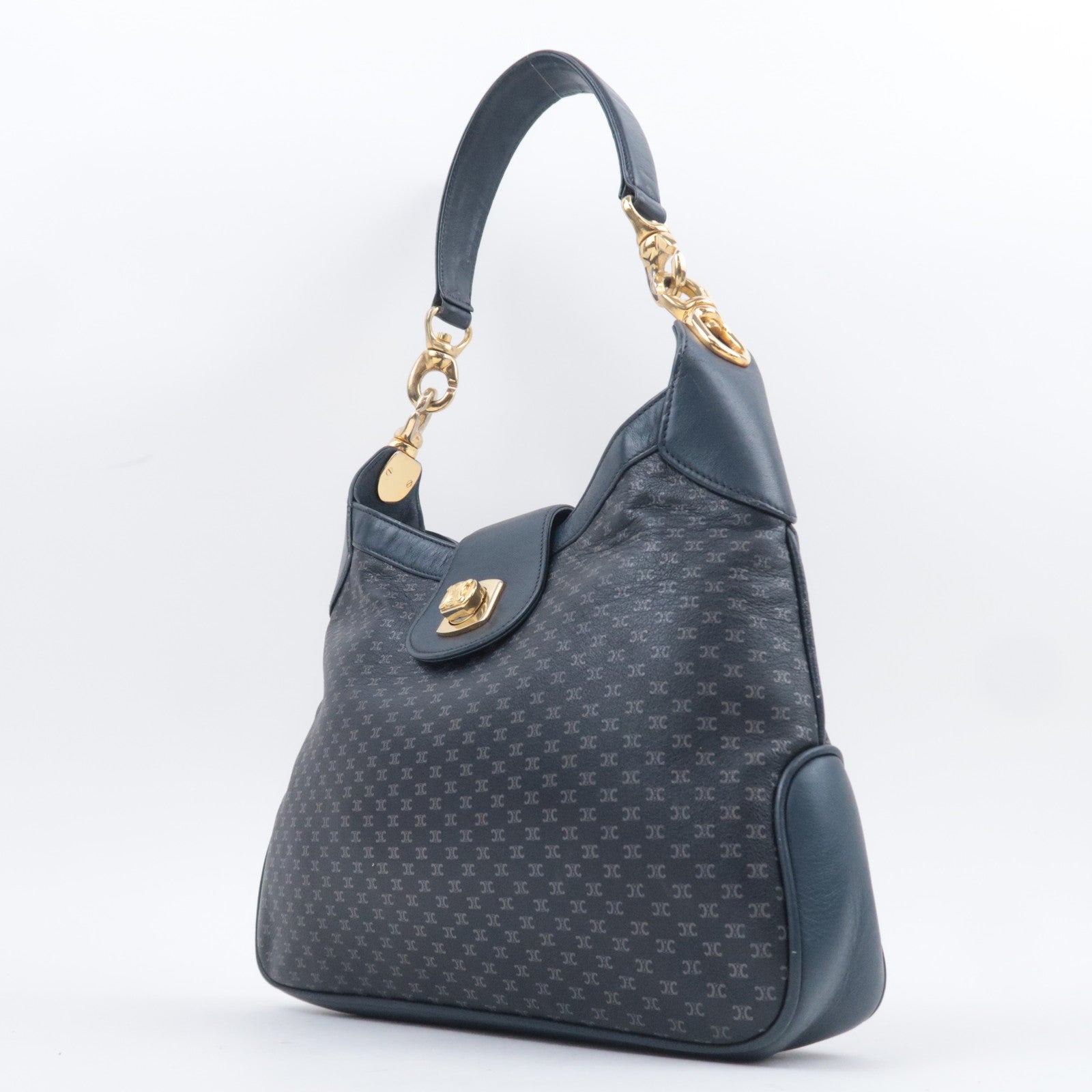 CELINE Macadam Turnlock Leather Shoulder Bag Navy