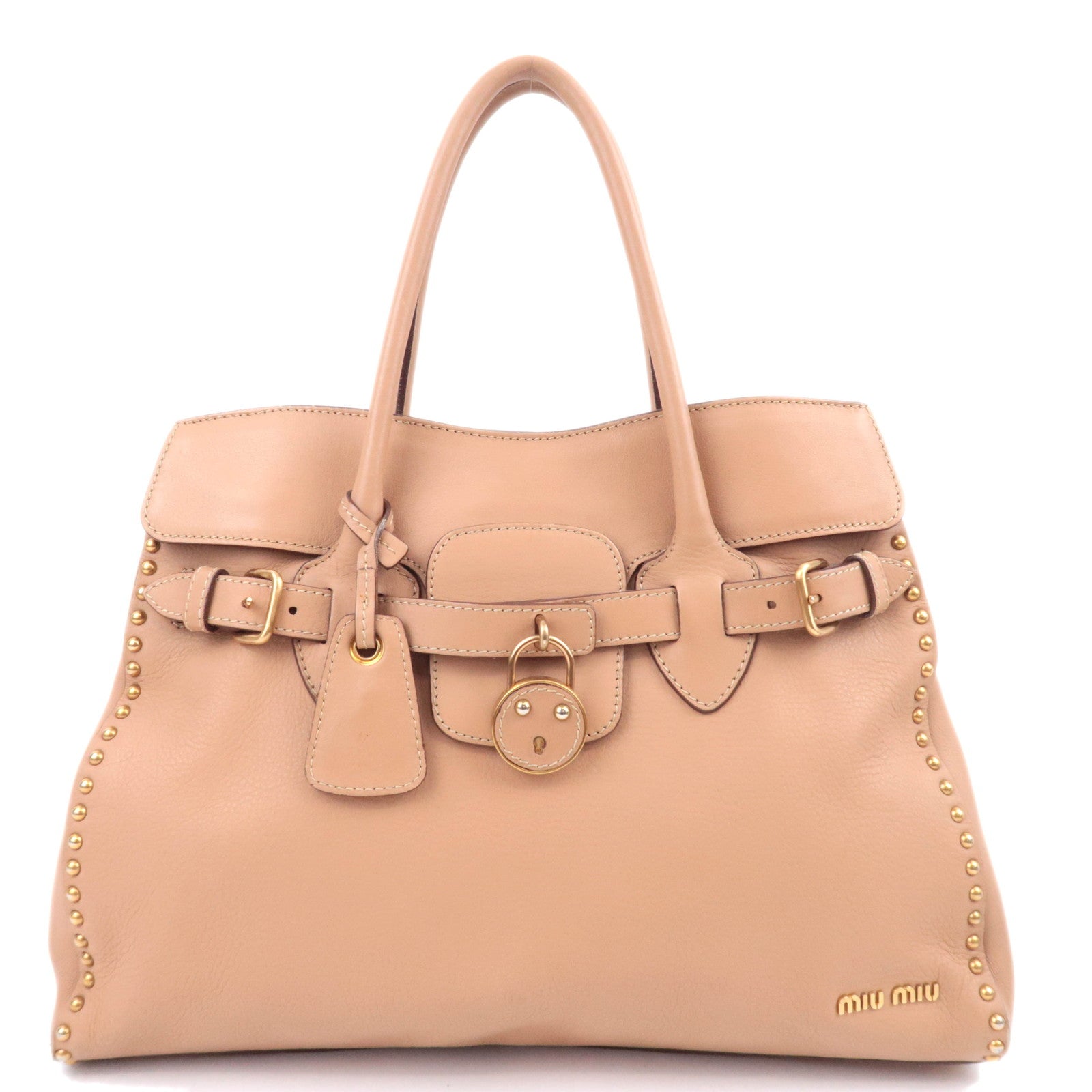 MIU MIU Studded Leather Tote Bag Pink Beige Padlock91997