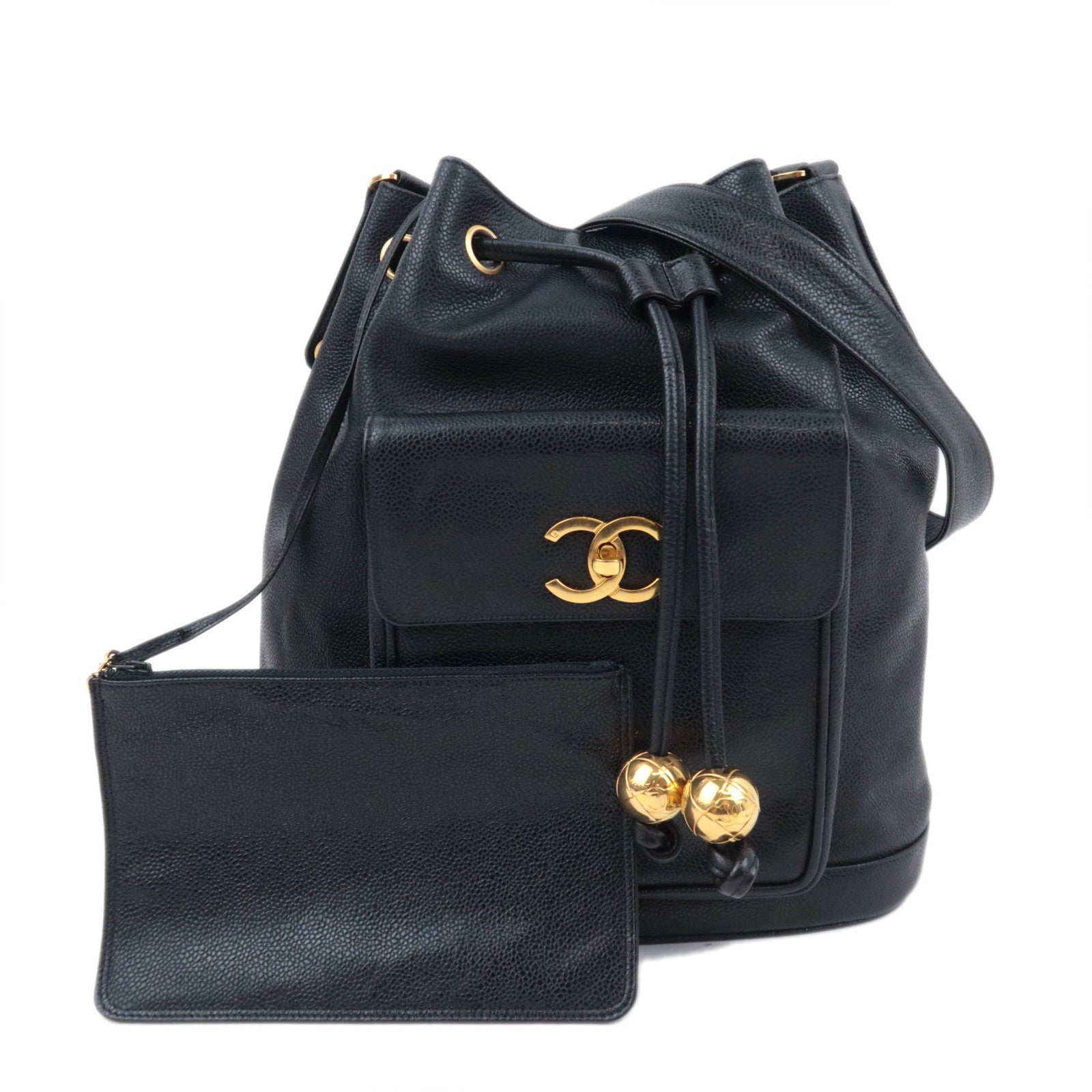 CHANEL Vintage Caviarskin Drawstring Shoulder Bag Black92005
