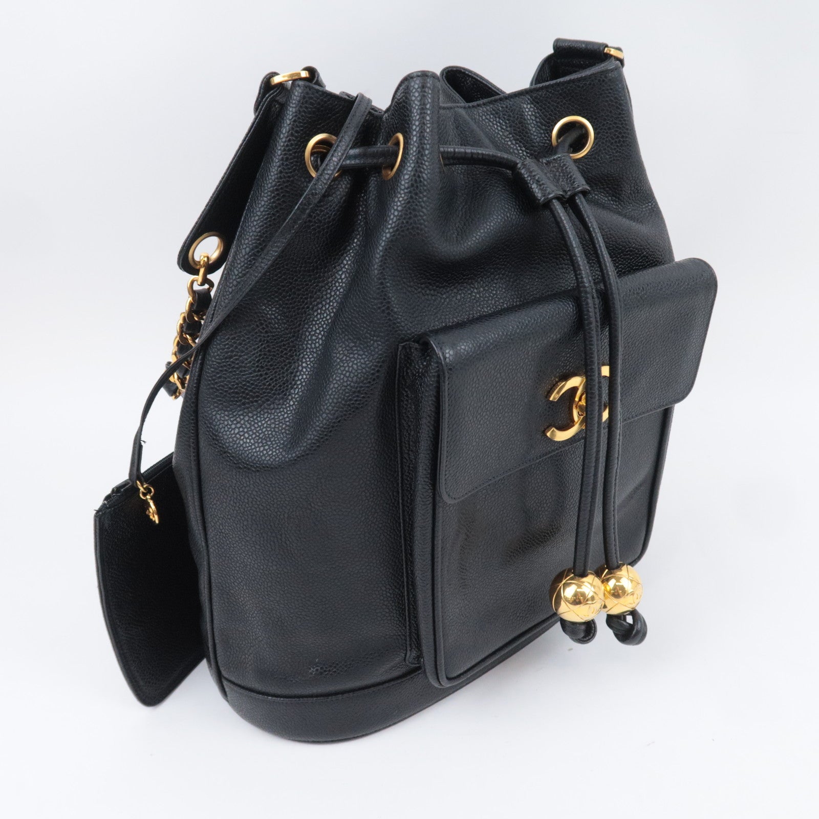 CHANEL Vintage Caviarskin Drawstring Shoulder Bag Black