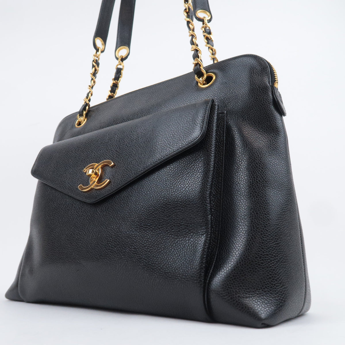 CHANEL Chain Tote Bag Caviarskin Black