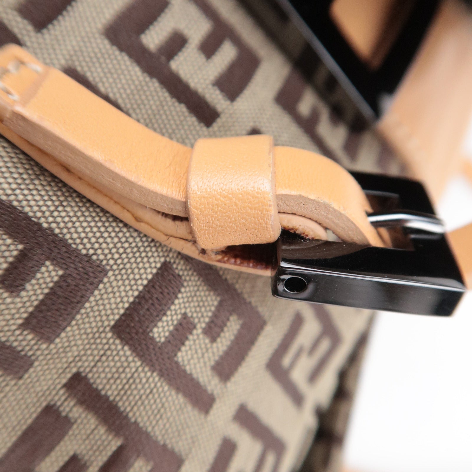 FENDI Zucchino Canvas Leather Handbag Beige