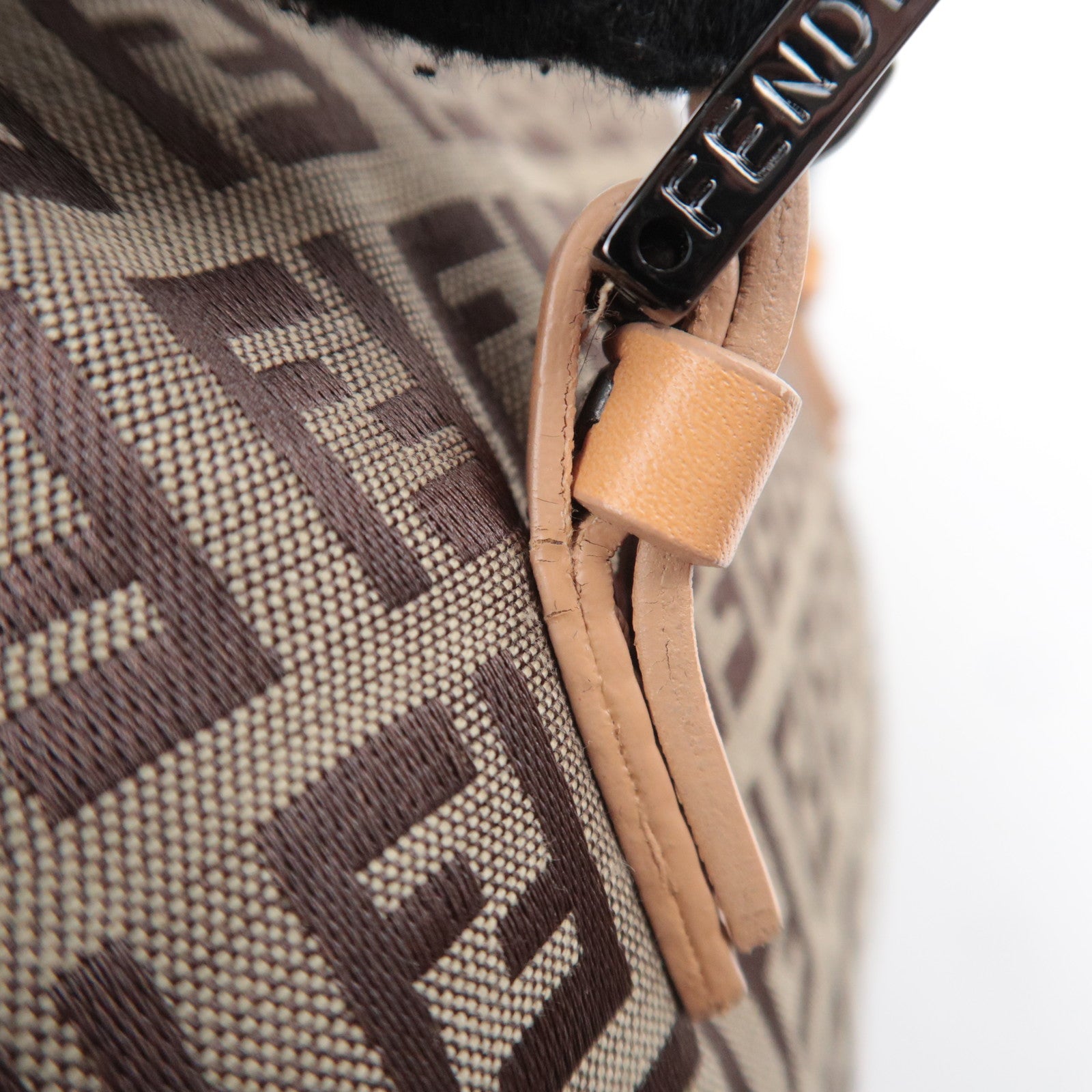 FENDI Zucchino Canvas Leather Handbag Beige